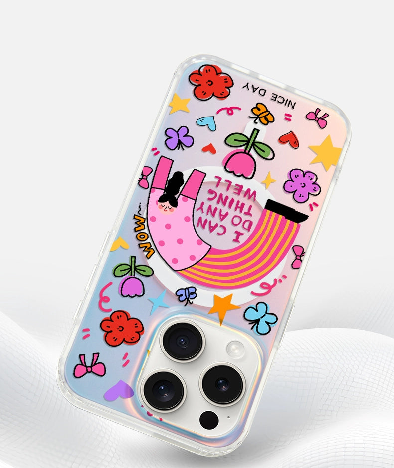 iCraftPro | Magnetic Holographic Case with Lanyard for iPhone 12/13/14/15/16 Pro/17 Pro Max. Creative Cartoon Girl Design.