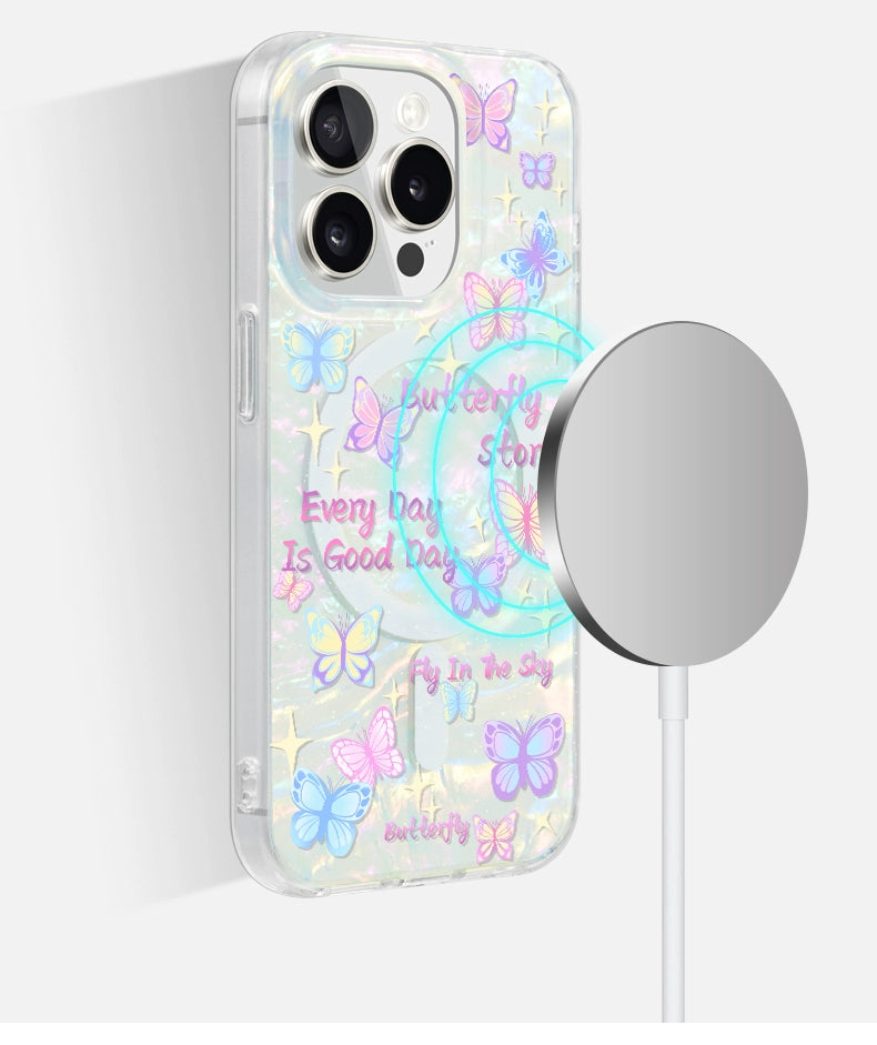 iCraftPro | Dreamy Butterfly Case with Colorful Pearlescent Texture for iPhone 12 to 17 Pro Max. Magnetic, Unique Chic.