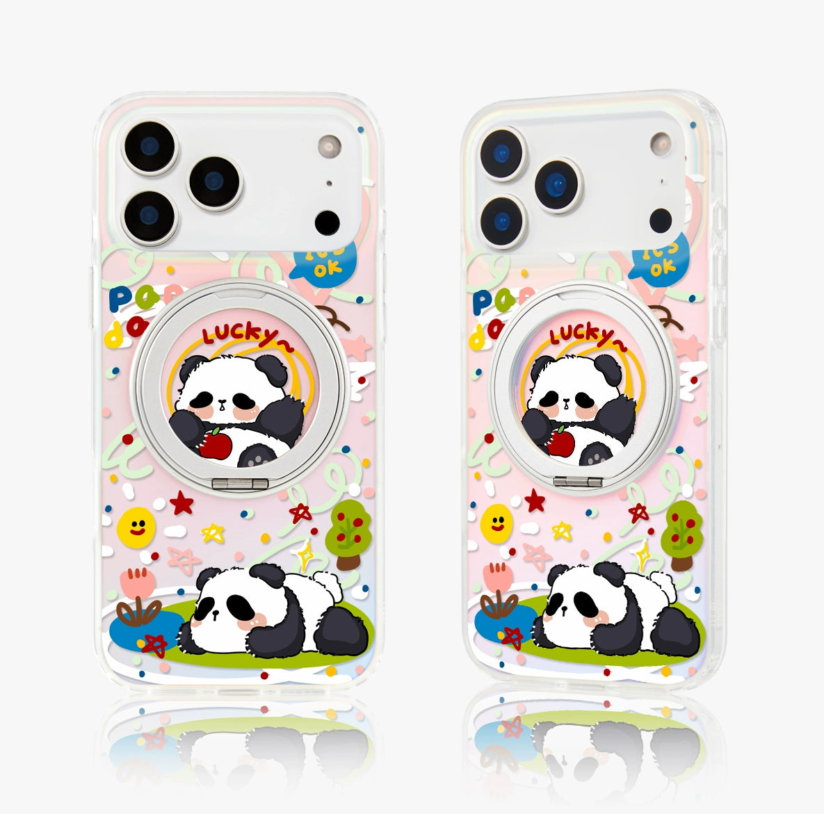 iCraftPro | Magnetic Case with Stand & Gradient Holographic Design for iPhone 12/13/14/15/16 Pro/17 Pro Max. Cute Cartoon Panda.