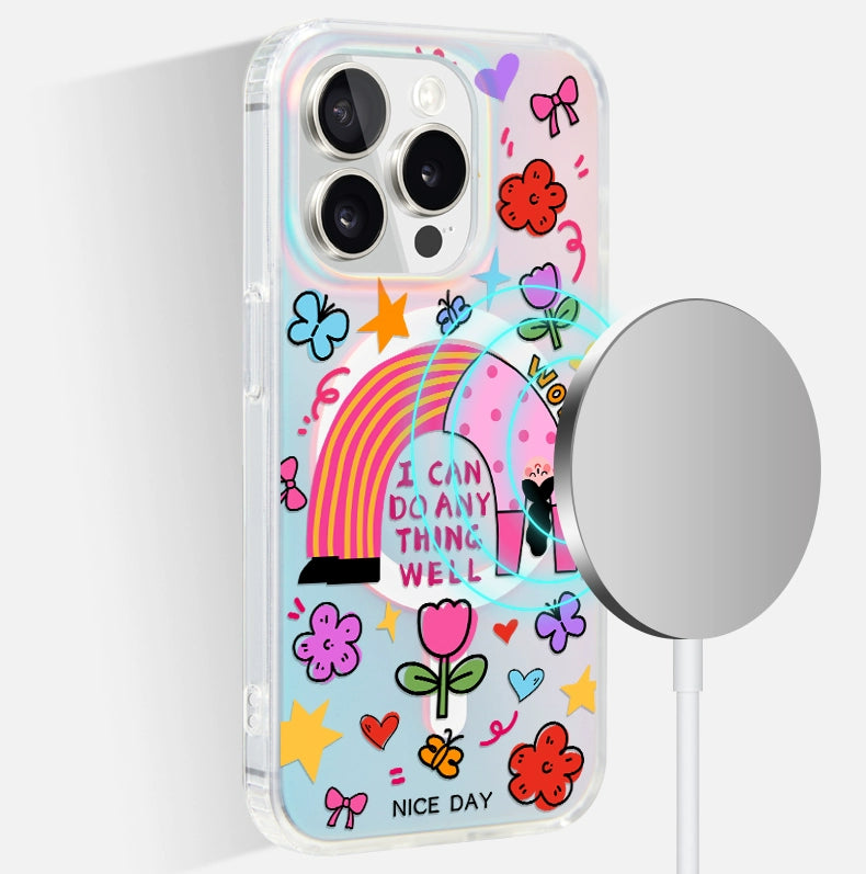 iCraftPro | Magnetic Holographic Case with Lanyard for iPhone 12/13/14/15/16 Pro/17 Pro Max. Creative Cartoon Girl Design.