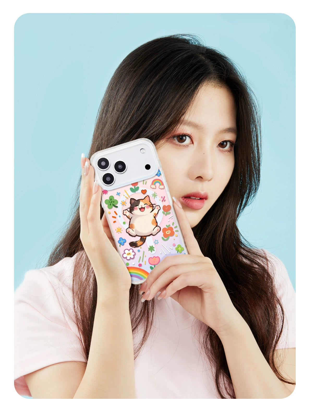 iCraftPro | Dopamine Cartoon Kitty Magnetic Case for iPhone 12-17 Pro Max, Holographic Cover with Lanyard