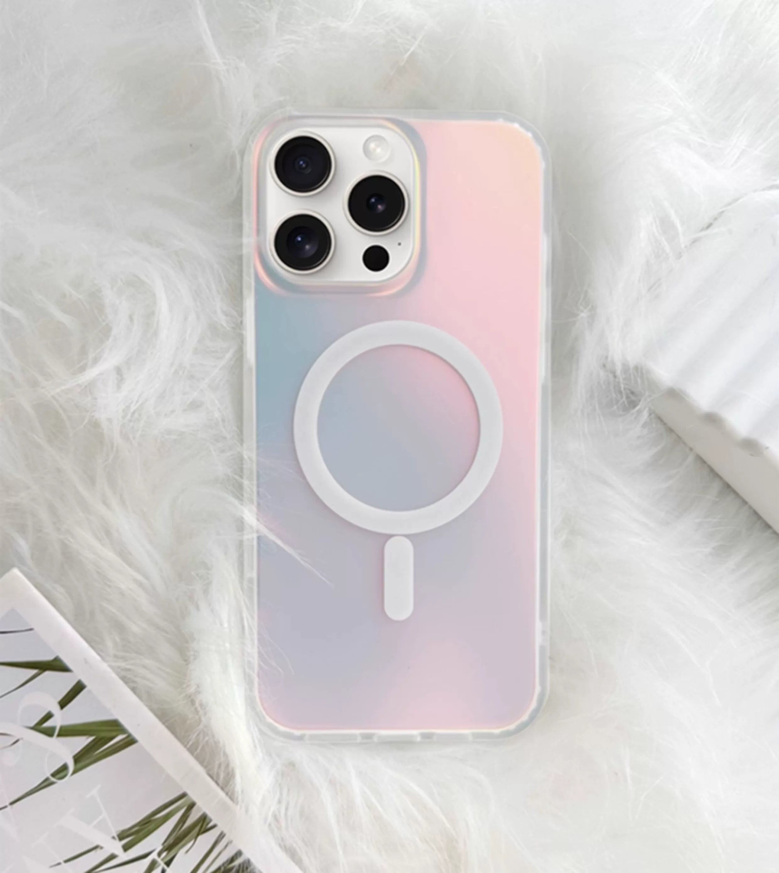 iCraftPro | Magnetic Laser Gradient Case with Lanyard for iPhone 17ProMax/16Pro/15/14/13/12, Frosted Pink Design