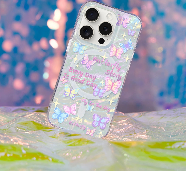 iCraftPro | Dreamy Butterfly Case with Colorful Pearlescent Texture for iPhone 12 to 17 Pro Max. Magnetic, Unique Chic.