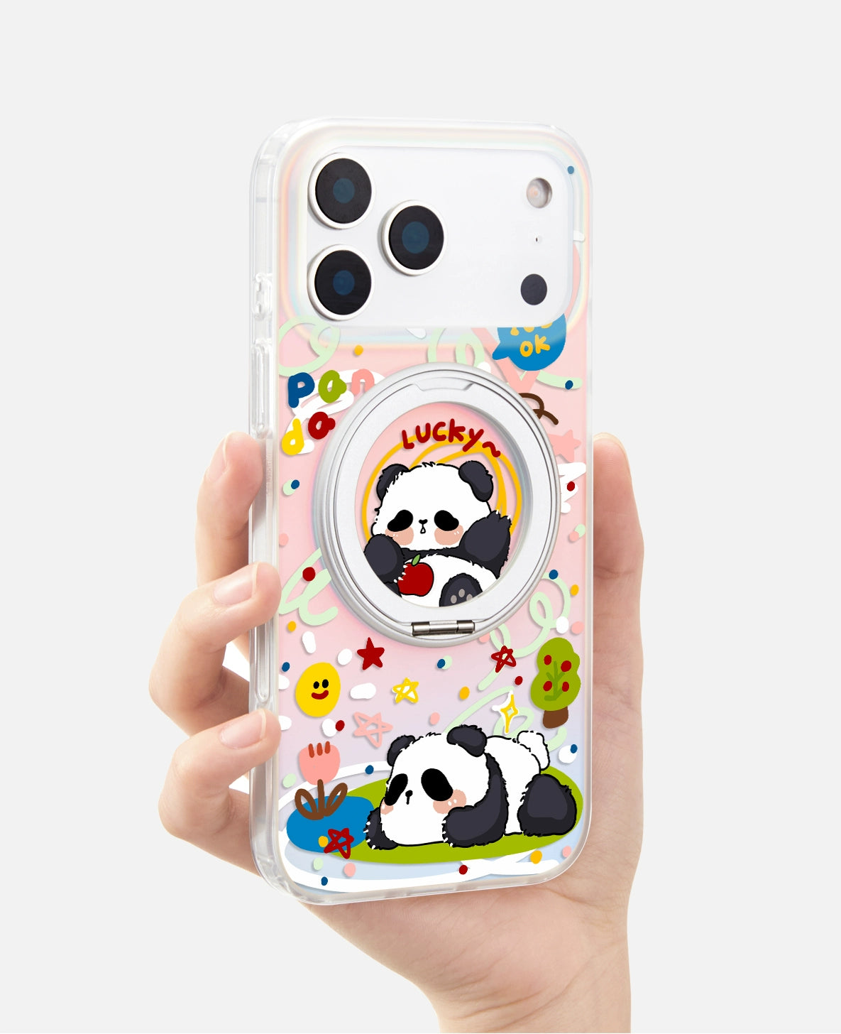 iCraftPro | Magnetic Case with Stand & Gradient Holographic Design for iPhone 12/13/14/15/16 Pro/17 Pro Max. Cute Cartoon Panda.