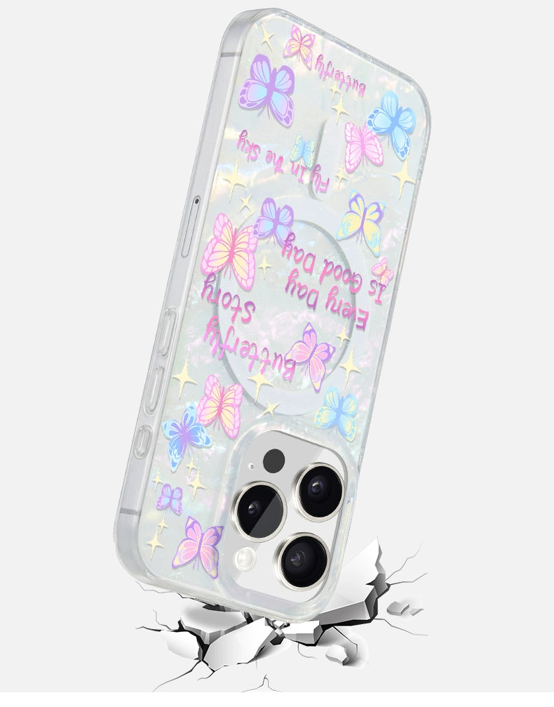 iCraftPro | Dreamy Butterfly Case with Colorful Pearlescent Texture for iPhone 12 to 17 Pro Max. Magnetic, Unique Chic.