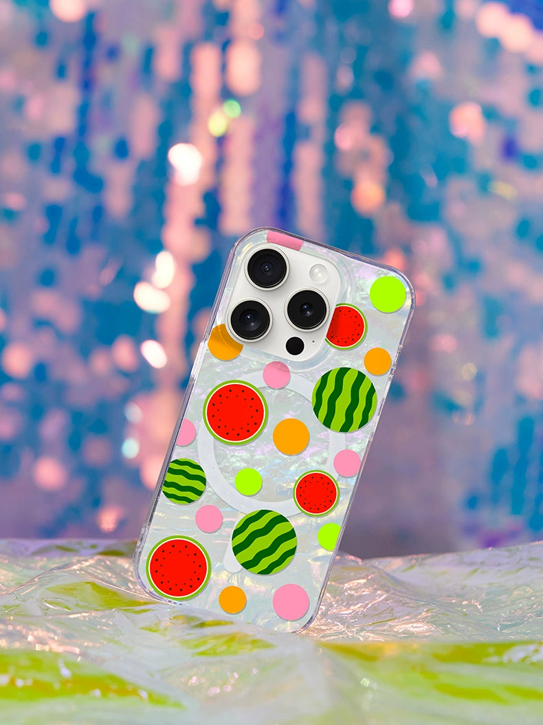 iCraftPro | Elegant MagSafe Case for iPhone 13-17 Pro Max: Pearlescent Waves & Fruit Dots Design