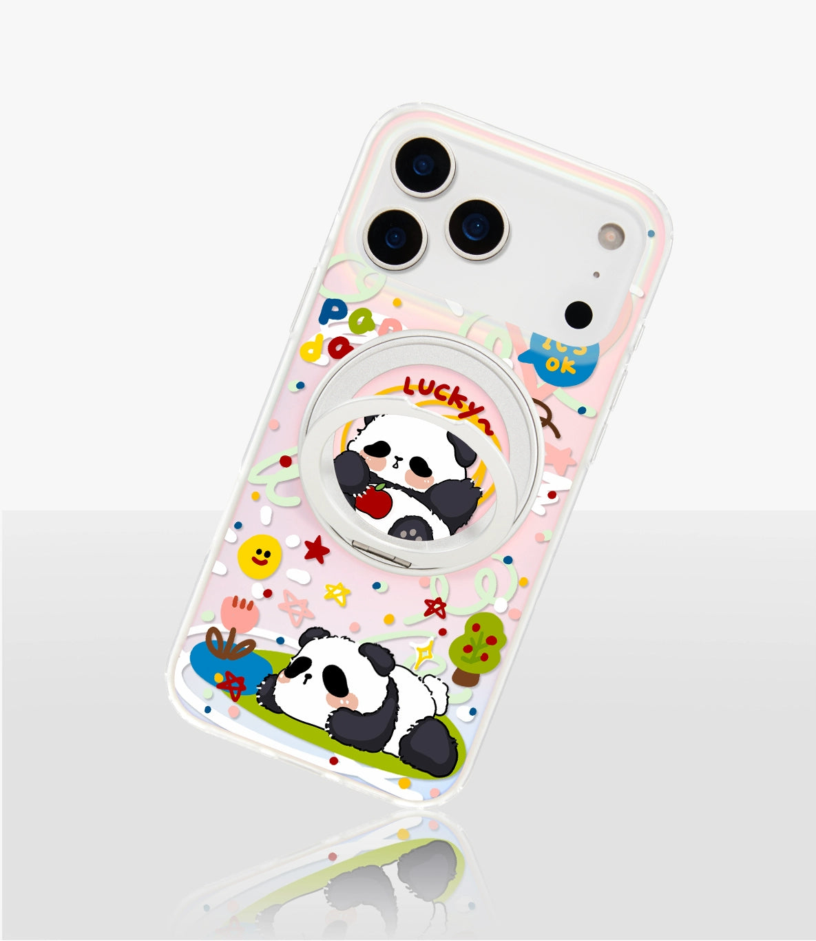 iCraftPro | Magnetic Case with Stand & Gradient Holographic Design for iPhone 12/13/14/15/16 Pro/17 Pro Max. Cute Cartoon Panda.