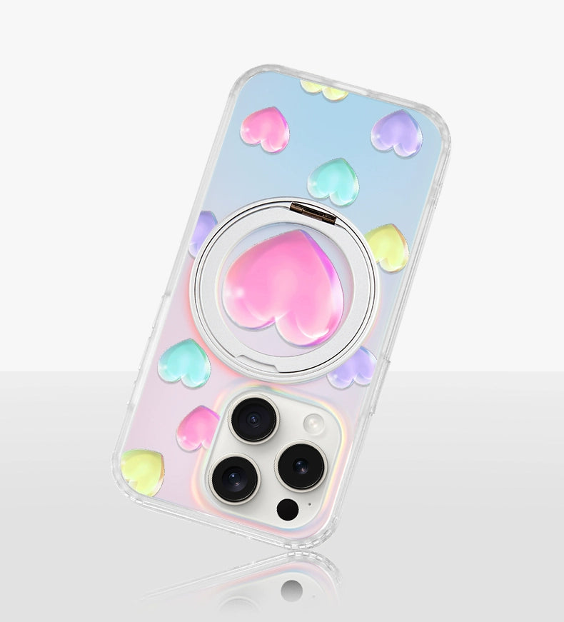 iCraftPro | Stylish Holographic Heart Case with Magnetic Stand for iPhone 13/14/15/16/17 Pro (Max)