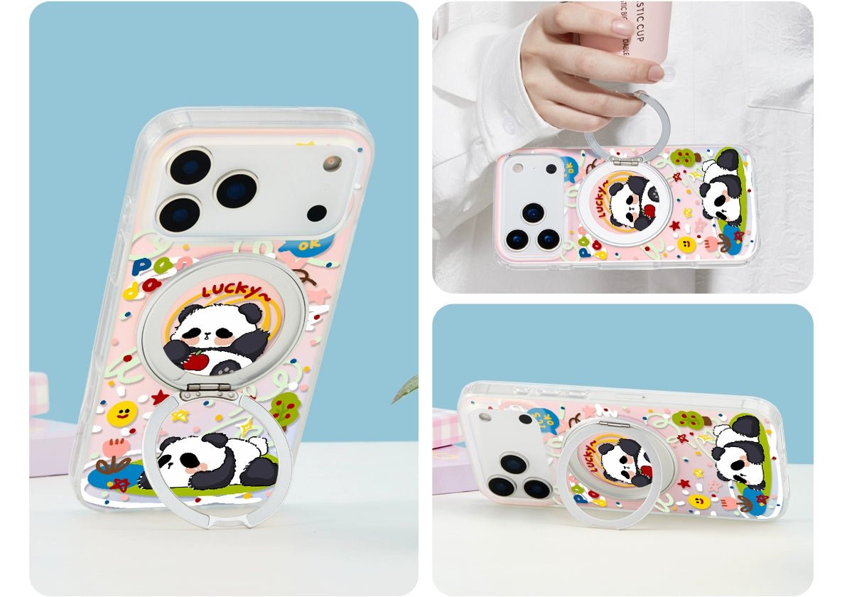 iCraftPro | Magnetic Case with Stand & Gradient Holographic Design for iPhone 12/13/14/15/16 Pro/17 Pro Max. Cute Cartoon Panda.