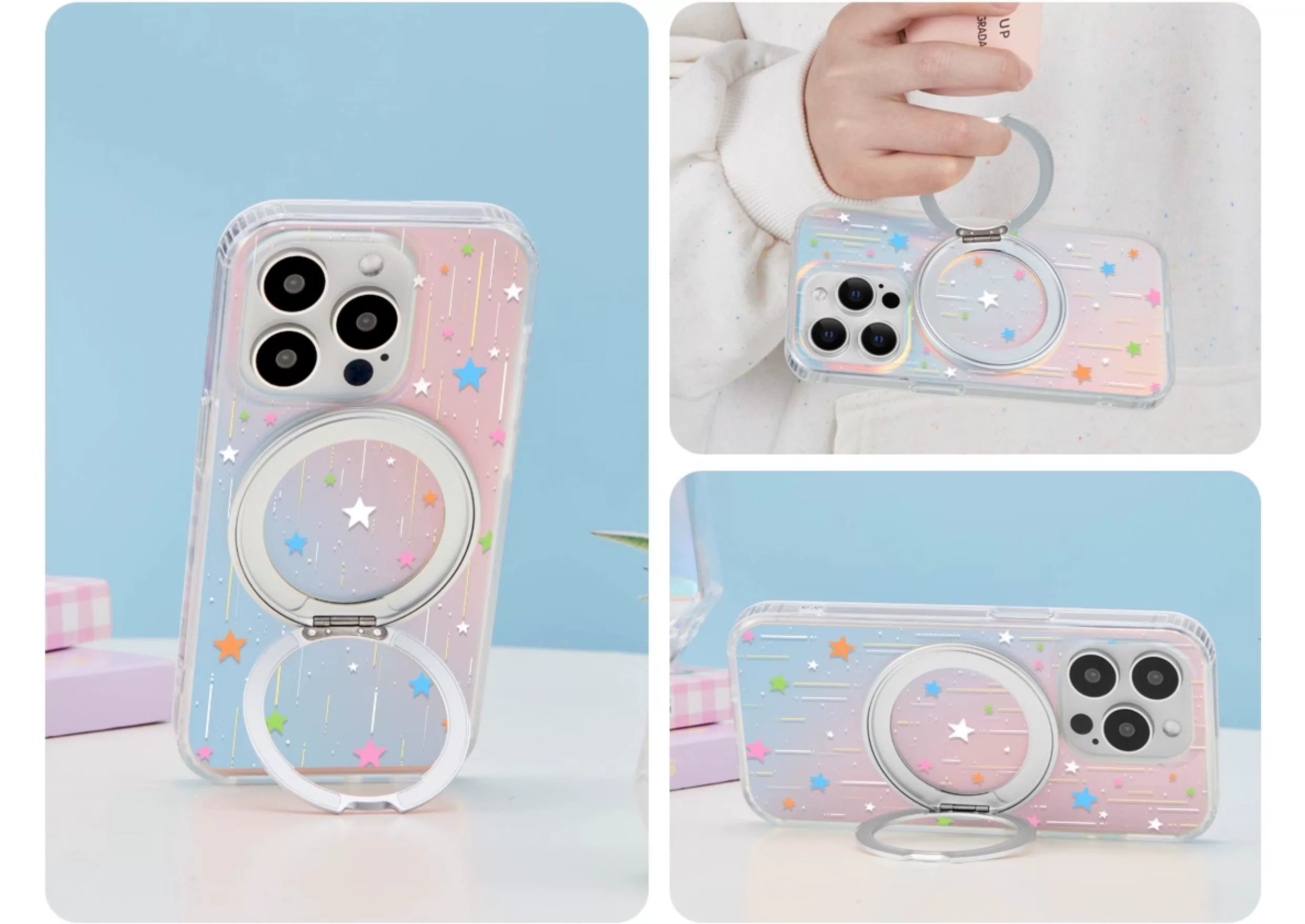 iCraftPro | Magnetic Case with Stand & Holographic Shooting Stars for iPhone 13/14/15/16/17 Pro (Max)