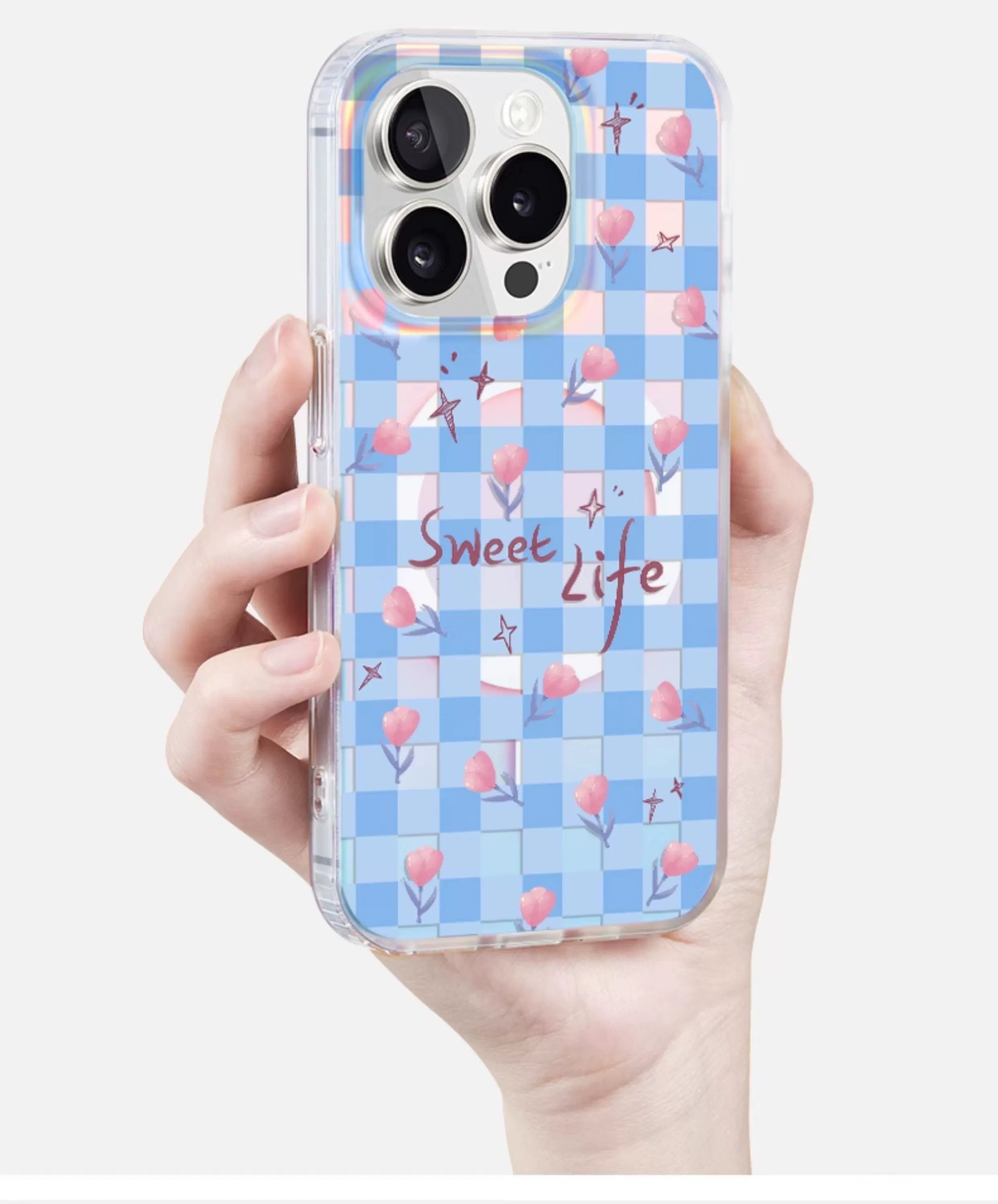 iCraftPro | Magnetic Case for iPhone 12-17 Pro Max | Laser Gradient with Plaid & Rose Design, Unique & Premium