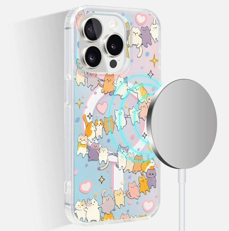iCraftPro | Magnetic Holographic Case for iPhone 12/13/14/15/16 Pro/17 Pro Max. Stylish Cartoon Kitten Design.