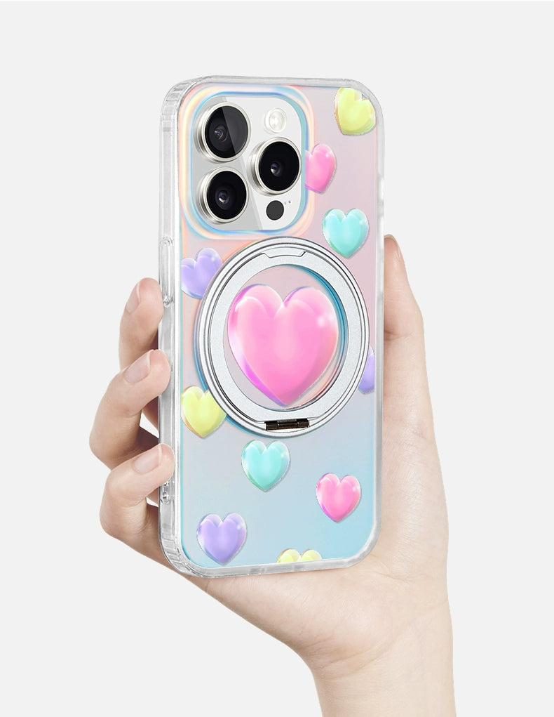 iCraftPro | Stylish Holographic Heart Case with Magnetic Stand for iPhone 13/14/15/16/17 Pro (Max)