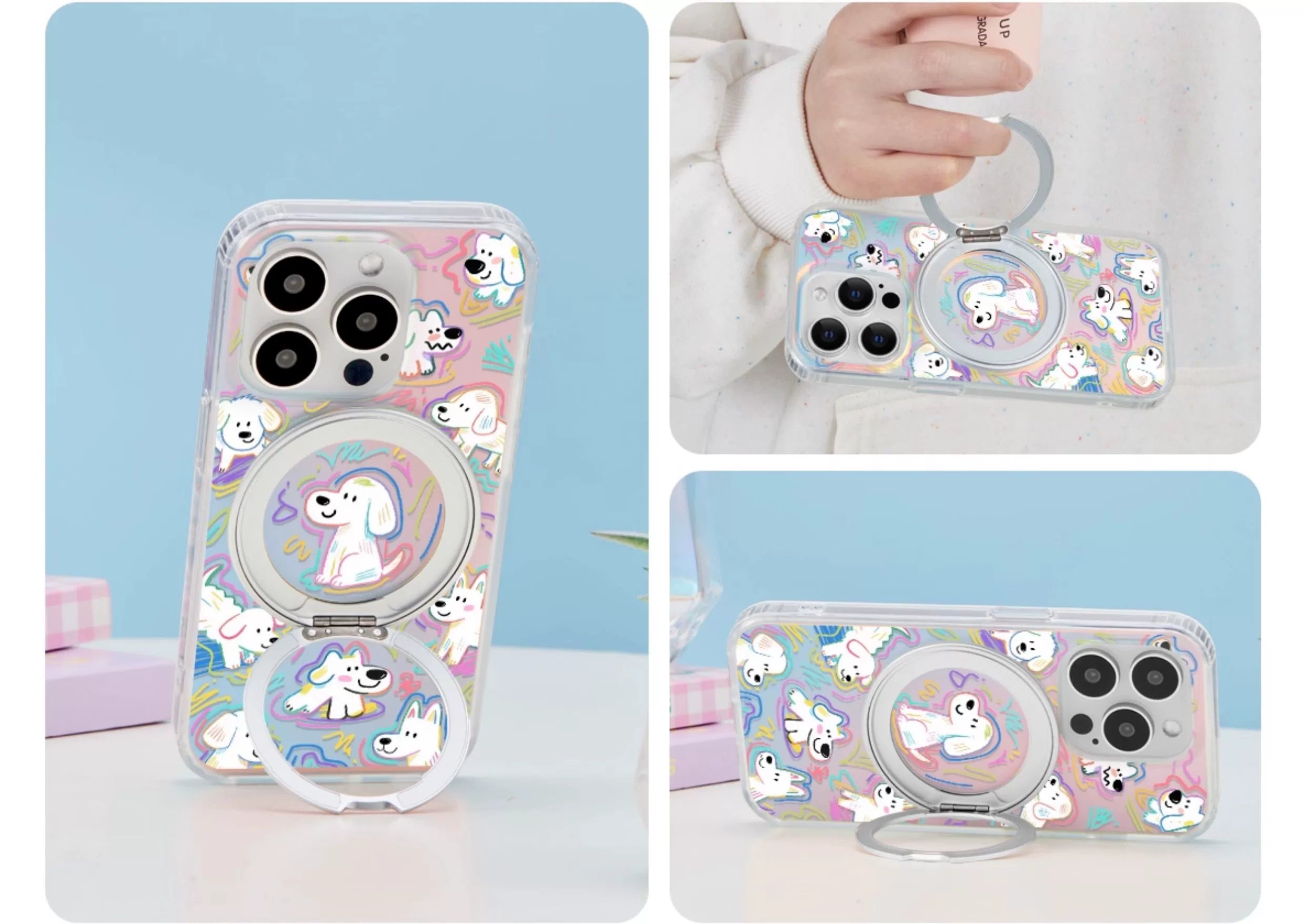 iCraftPro | Dopamine Cute Puppy Case with Built-in Stand for iPhone 12 to 17 Pro Max. Magnetic, Gradient Holographic.