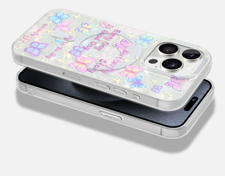 iCraftPro | Dreamy Butterfly Case with Colorful Pearlescent Texture for iPhone 12 to 17 Pro Max. Magnetic, Unique Chic.