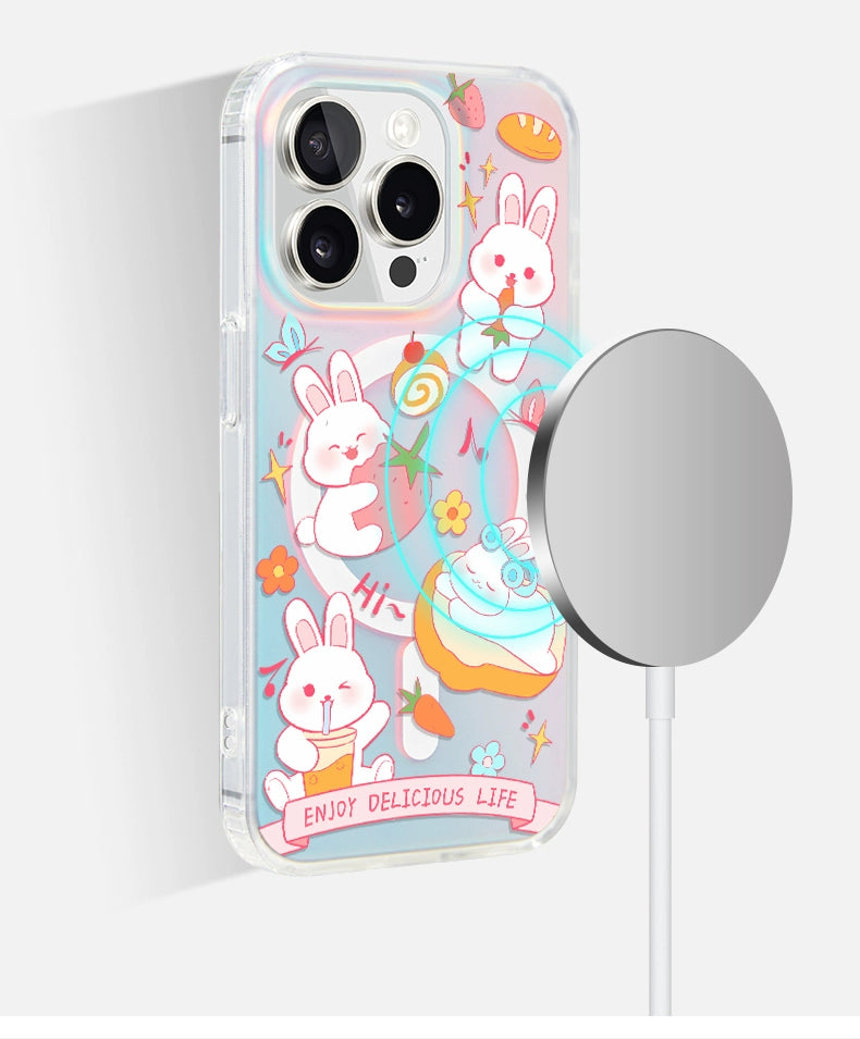 iCraftPro | Magnetic Case with Lanyard & Gradient Holographic Finish for iPhone 12 to 17 Pro Max.Cute Bunny Design.