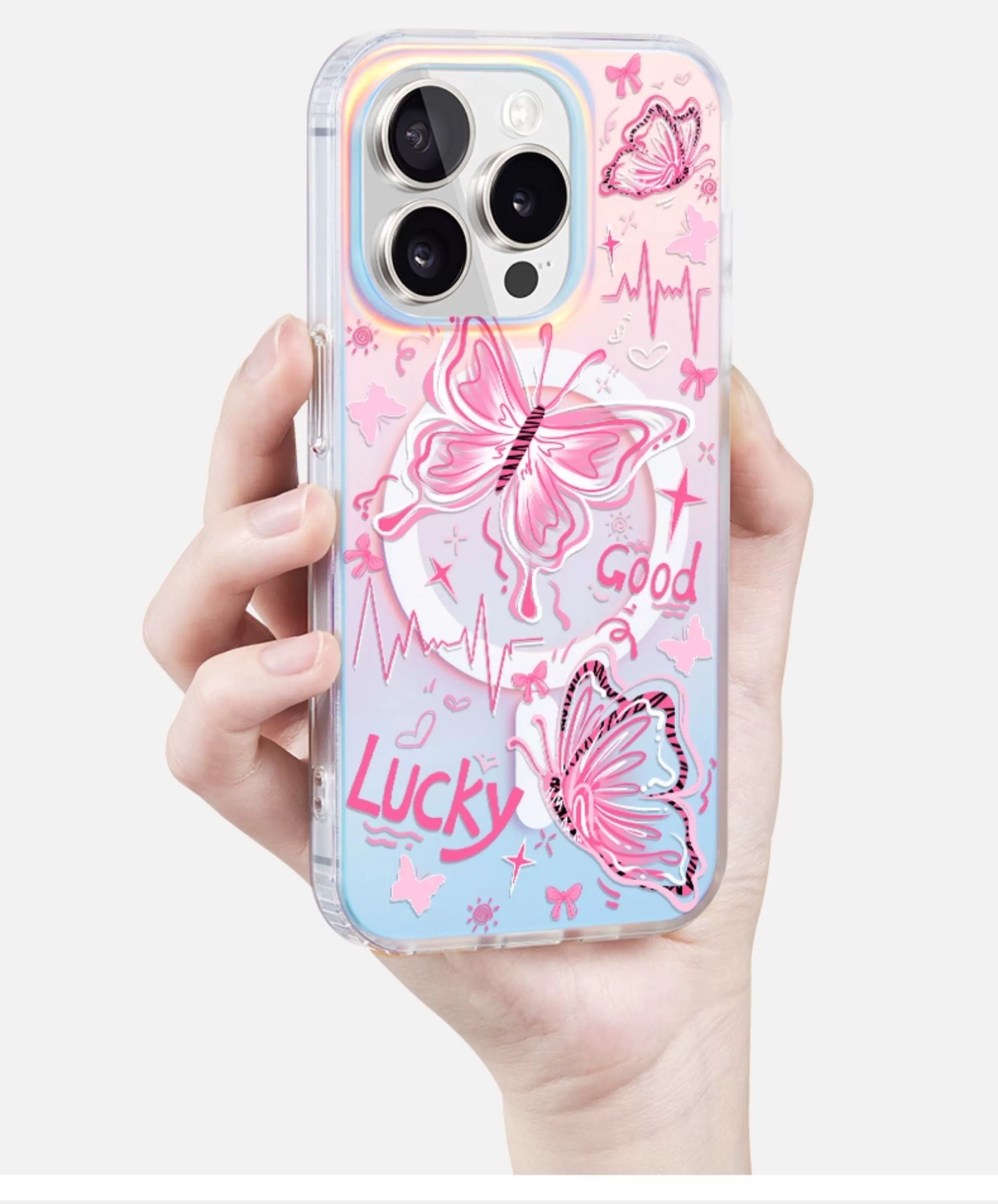 iCraftPro | Creative Butterfly Magnetic Case for iPhone 12-17 Pro Max, Unique Gradient Holographic Design with Lanyard