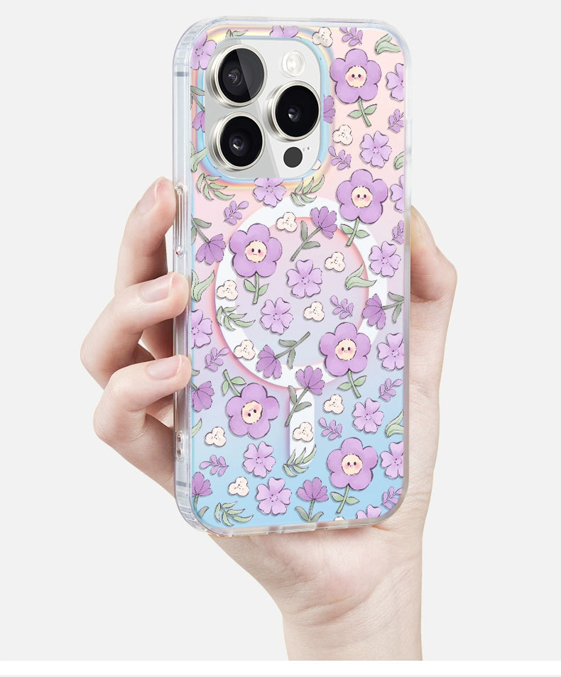 iCraftPro | Drop-Proof Magnetic Case for iPhone 12-17 Pro Max, with Creative Smiling Flower Design, Gradient Holographic Finish and Lanyard.