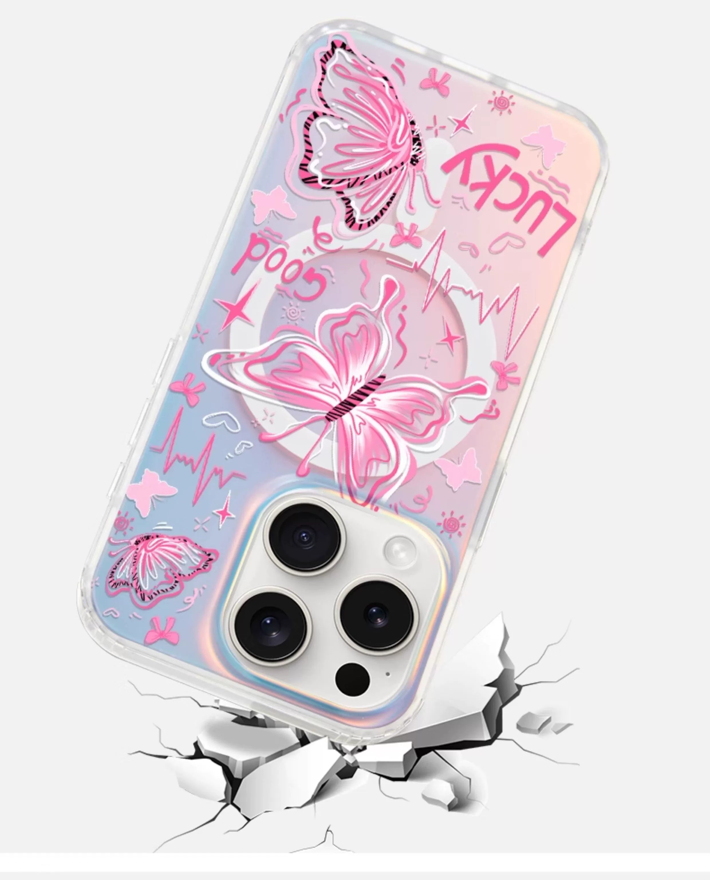 iCraftPro | Creative Butterfly Magnetic Case for iPhone 12-17 Pro Max, Unique Gradient Holographic Design with Lanyard
