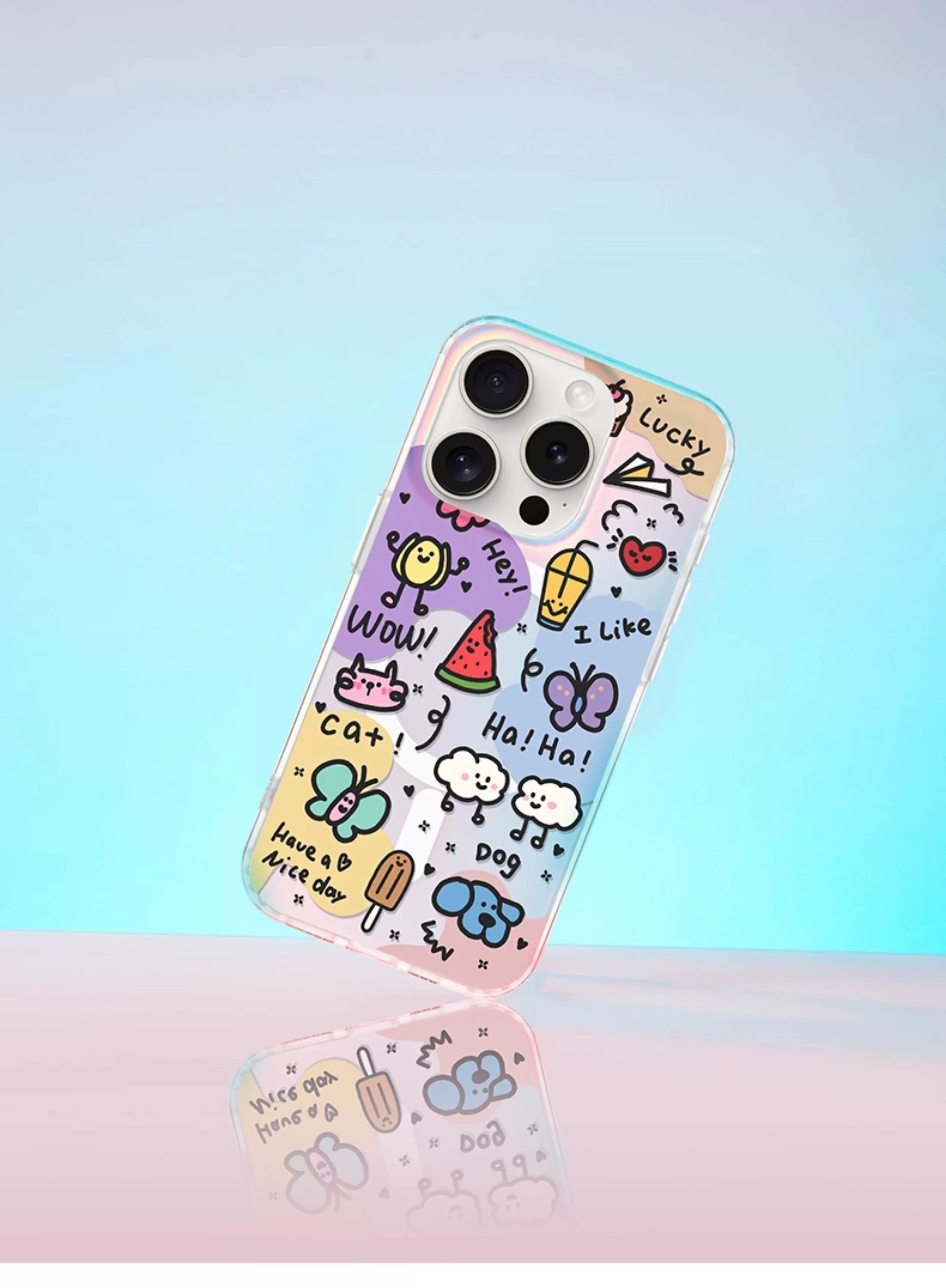 iCraftPro | Holographic Gradient Doodle Case, Creative Cartoon Minimalist Design MagSafe Compatible with iPhone 12 to 17 Pro Max