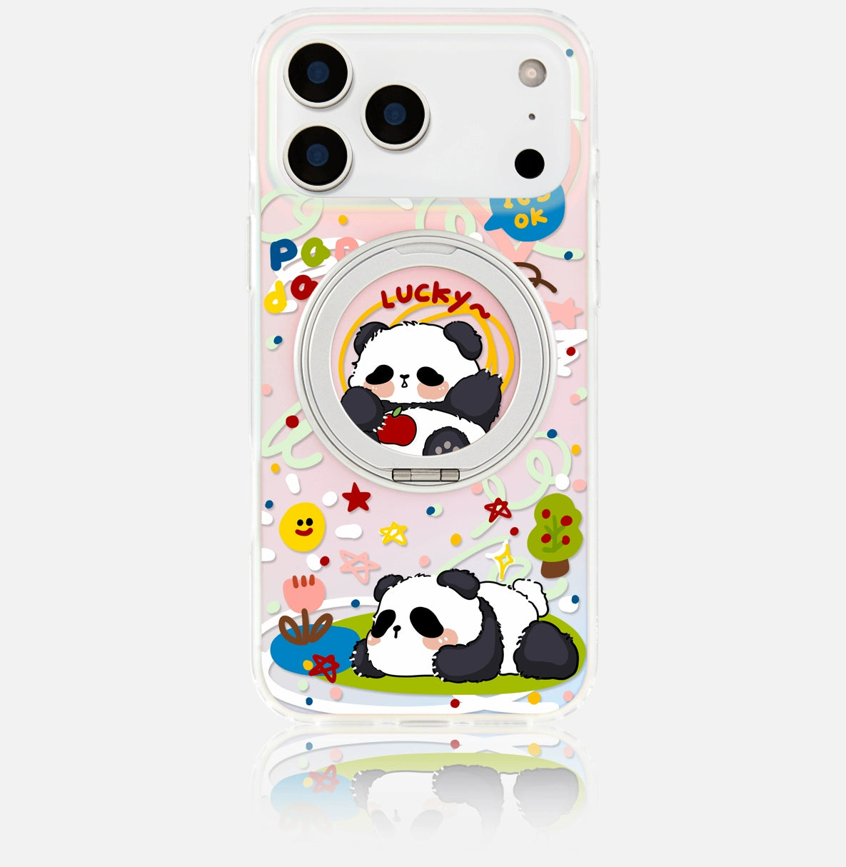 iCraftPro | Magnetic Case with Stand & Gradient Holographic Design for iPhone 12/13/14/15/16 Pro/17 Pro Max. Cute Cartoon Panda.