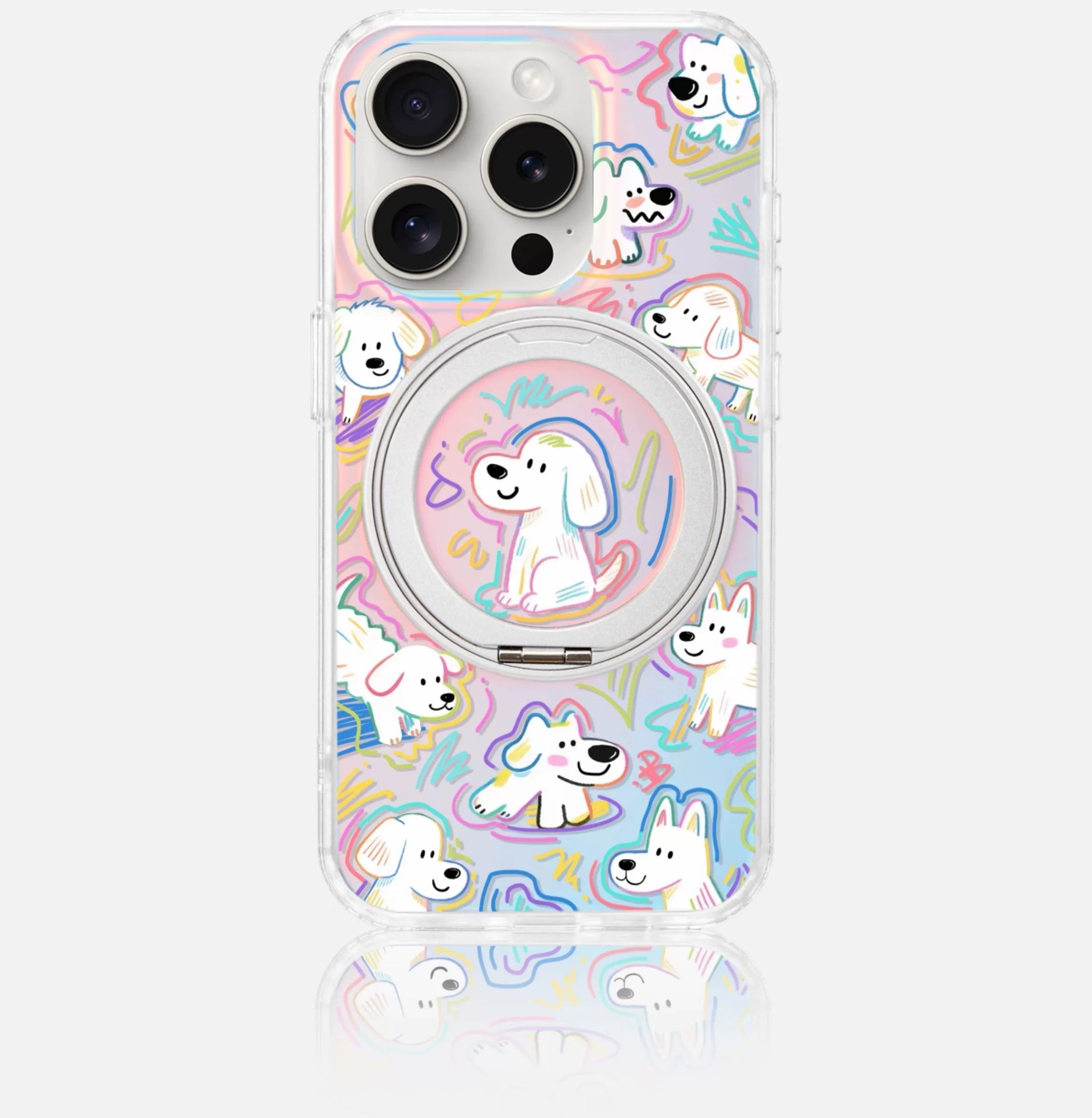 iCraftPro | Dopamine Cute Puppy Case with Built-in Stand for iPhone 12 to 17 Pro Max. Magnetic, Gradient Holographic.