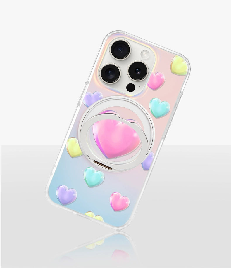 iCraftPro | Stylish Holographic Heart Case with Magnetic Stand for iPhone 13/14/15/16/17 Pro (Max)