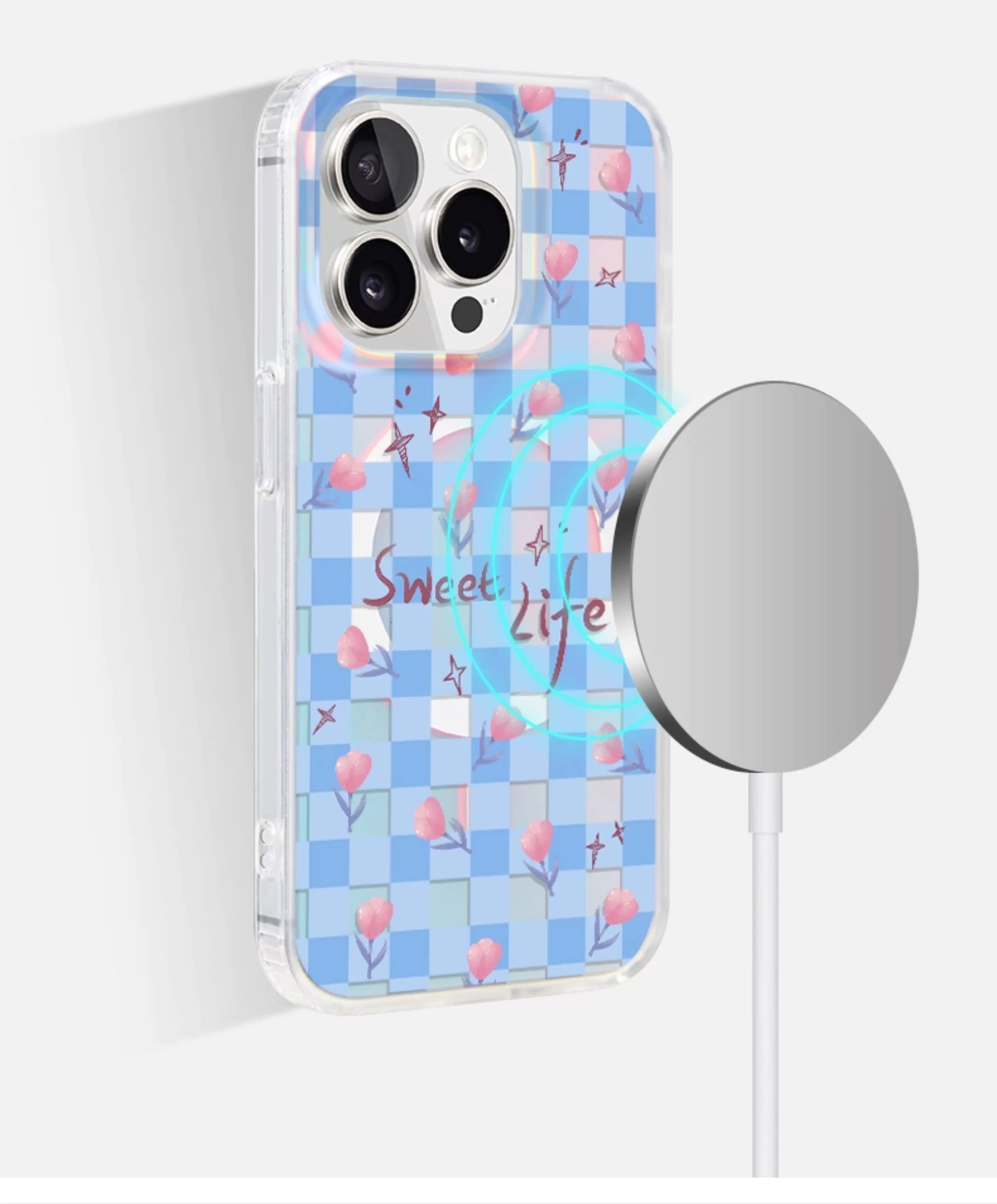 iCraftPro | Magnetic Case for iPhone 12-17 Pro Max | Laser Gradient with Plaid & Rose Design, Unique & Premium