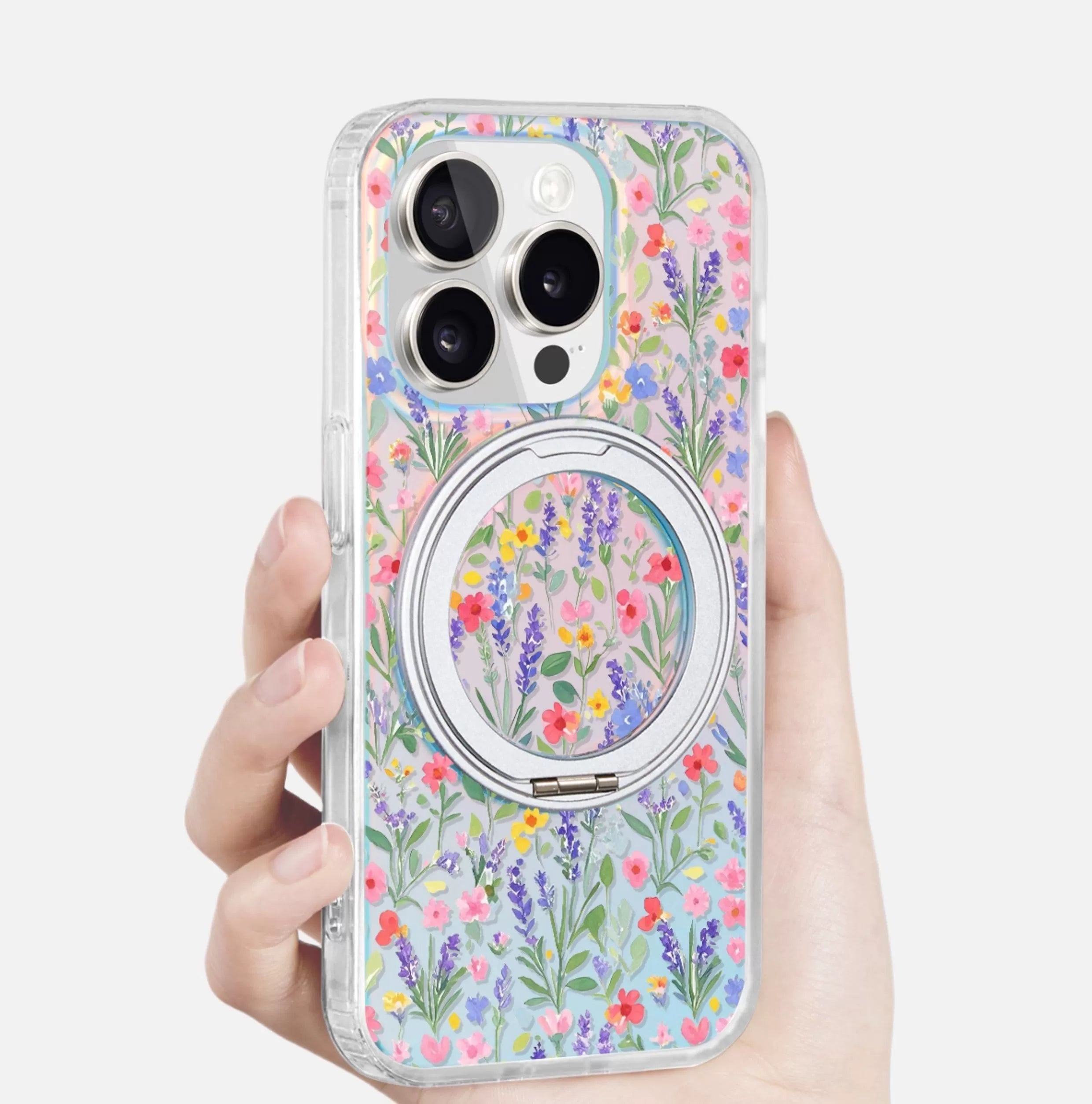 iCraftPro | Magnetic Case with Stand & Gradient Holographic Design for iPhone 12/13/14/15/16 Pro/17 Pro Max. Artsy Floral Pattern.