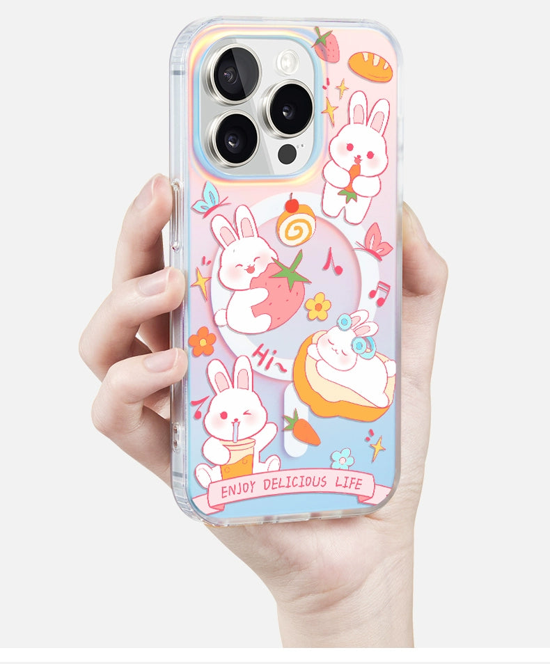 iCraftPro | Magnetic Case with Lanyard & Gradient Holographic Finish for iPhone 12 to 17 Pro Max.Cute Bunny Design.