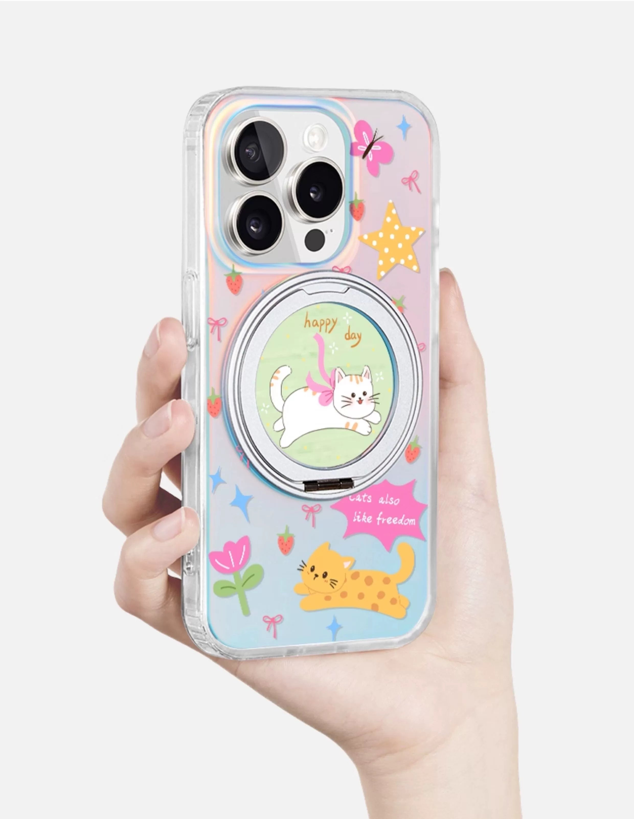 iCraftPro | Magnetic Phone Case with Stand for iPhone 13-17 Pro/Pro Max | Laser Gradient & Cute Cat Design