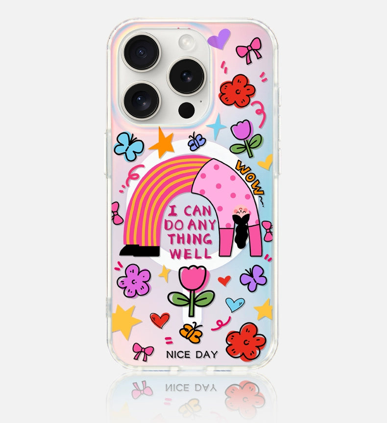 iCraftPro | Magnetic Holographic Case with Lanyard for iPhone 12/13/14/15/16 Pro/17 Pro Max. Creative Cartoon Girl Design.