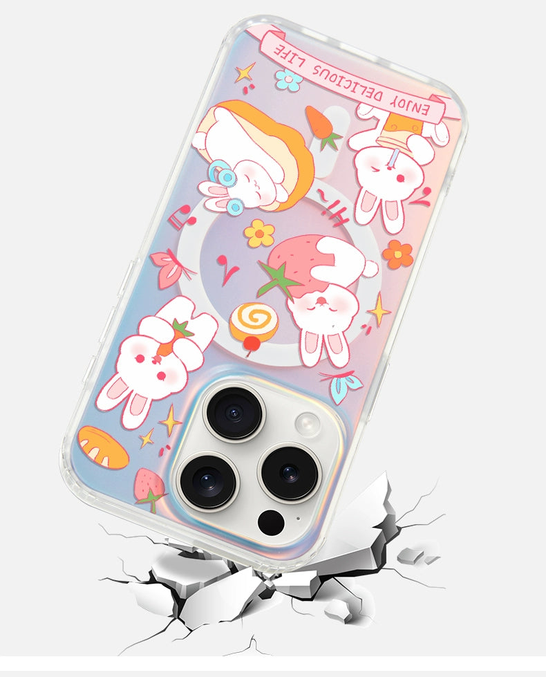 iCraftPro | Magnetic Case with Lanyard & Gradient Holographic Finish for iPhone 12 to 17 Pro Max.Cute Bunny Design.