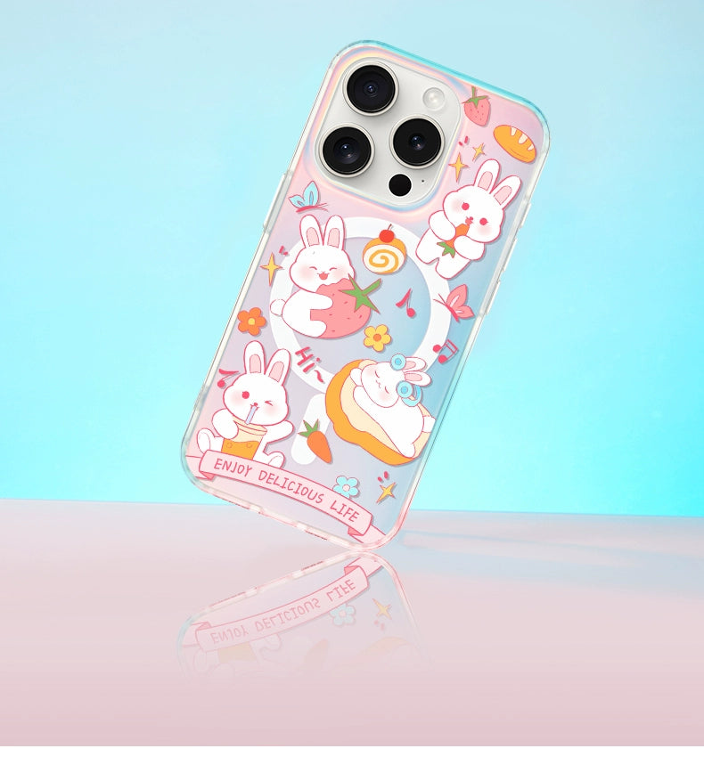 iCraftPro | Magnetic Case with Lanyard & Gradient Holographic Finish for iPhone 12 to 17 Pro Max.Cute Bunny Design.