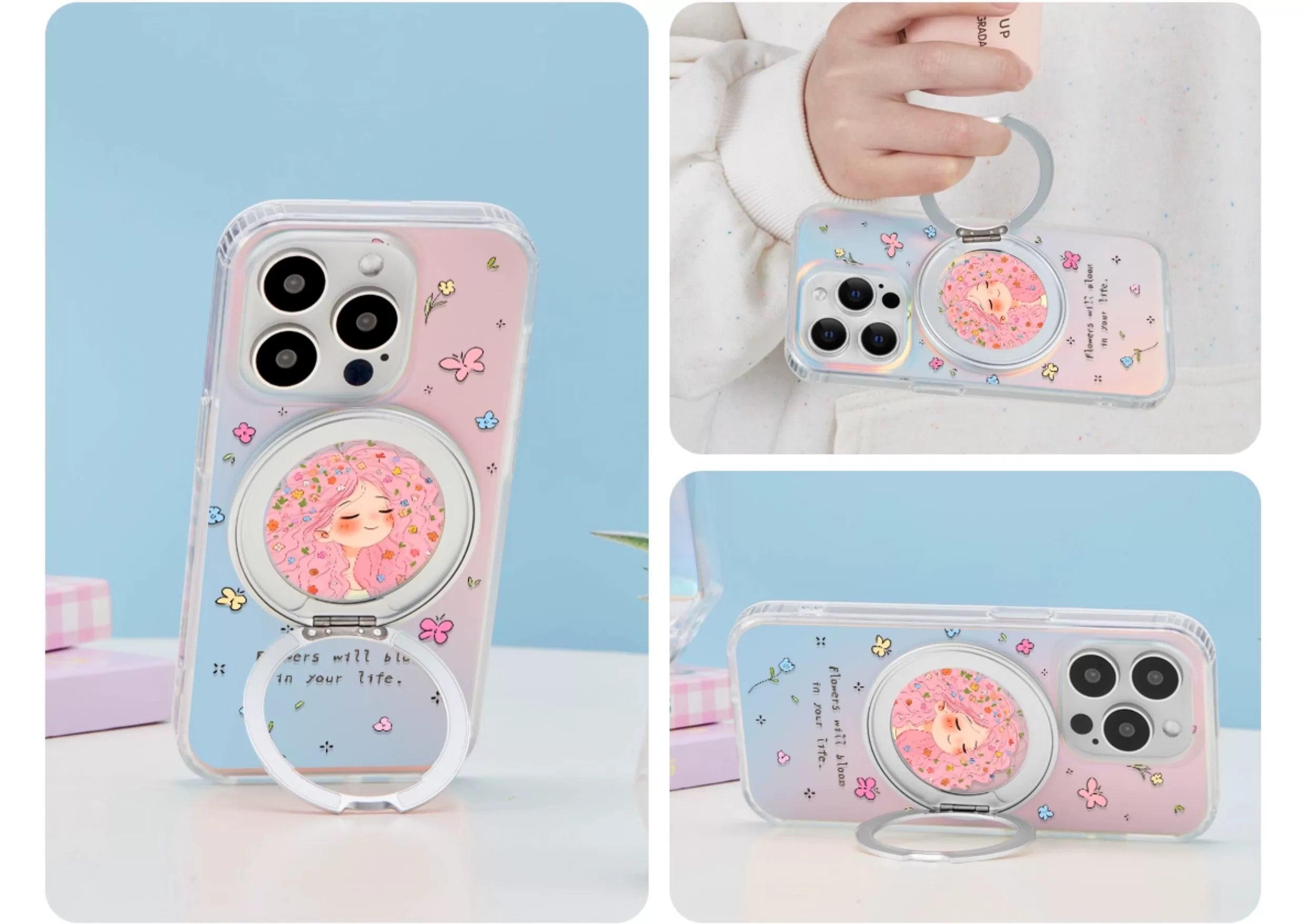 iCraftPro | Magnetic Stand Case for iPhone 13-17 Pro Max | Shockproof, Laser Gradient & Artistic Cartoon Design for Creative Girls