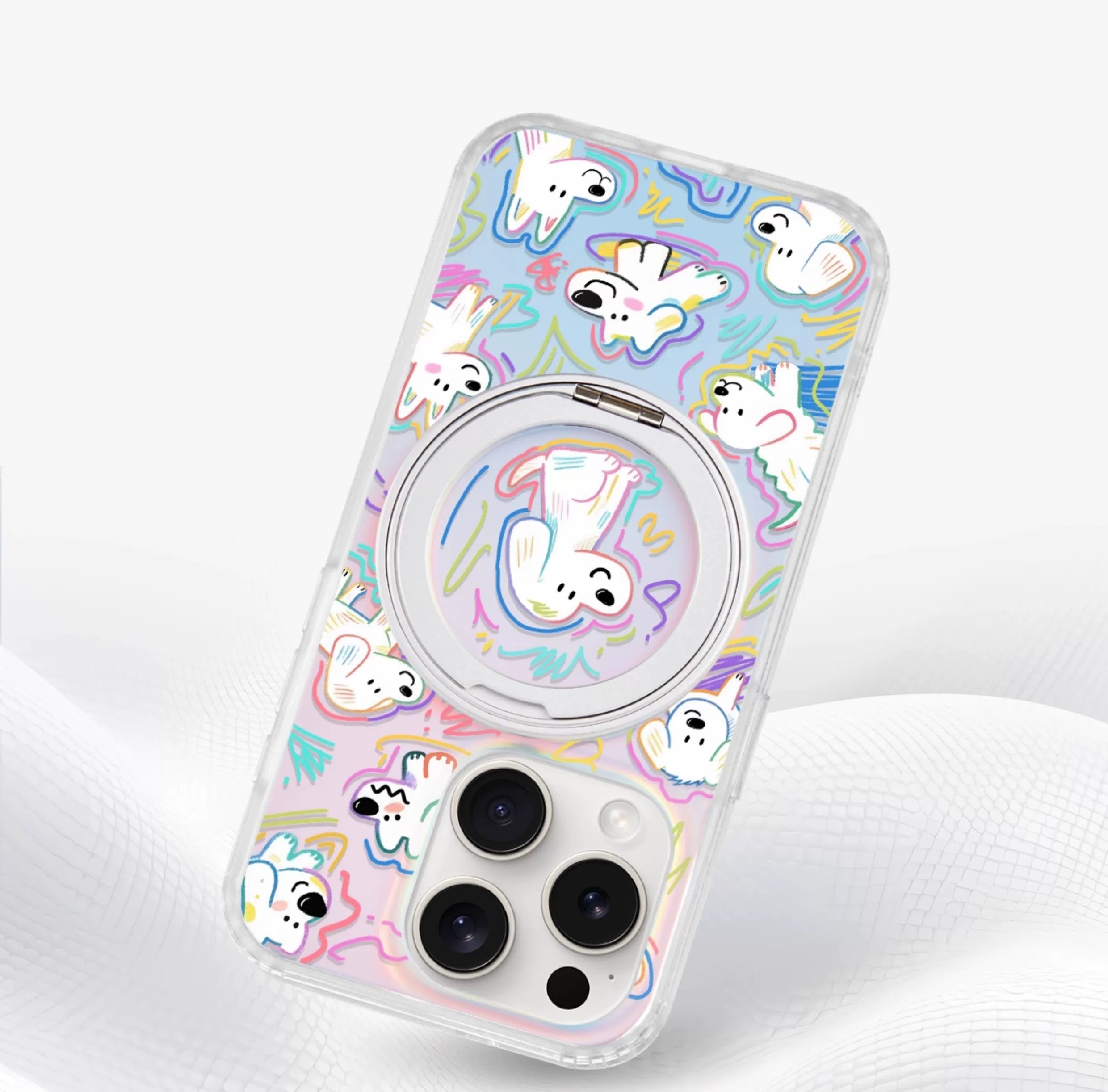 iCraftPro | Dopamine Cute Puppy Case with Built-in Stand for iPhone 12 to 17 Pro Max. Magnetic, Gradient Holographic.