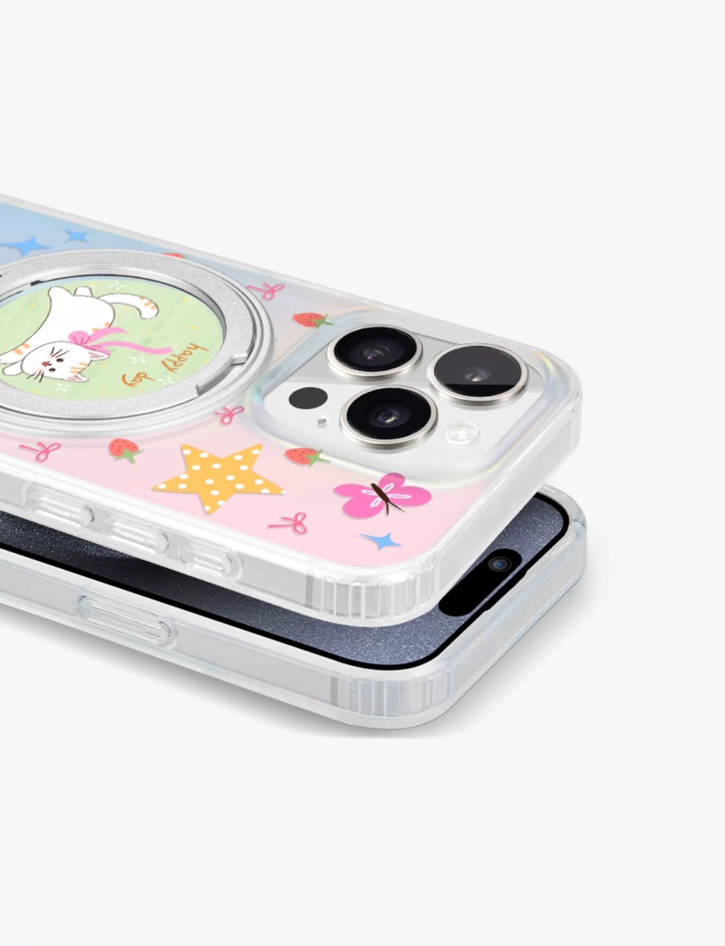 iCraftPro | Magnetic Phone Case with Stand for iPhone 13-17 Pro/Pro Max | Laser Gradient & Cute Cat Design