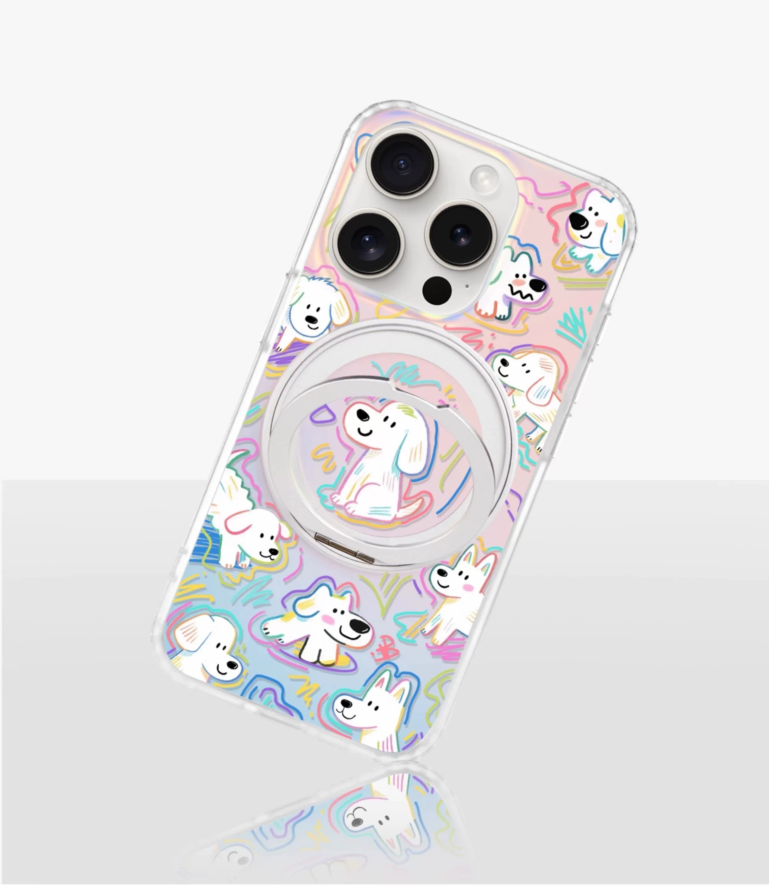 iCraftPro | Dopamine Cute Puppy Case with Built-in Stand for iPhone 12 to 17 Pro Max. Magnetic, Gradient Holographic.
