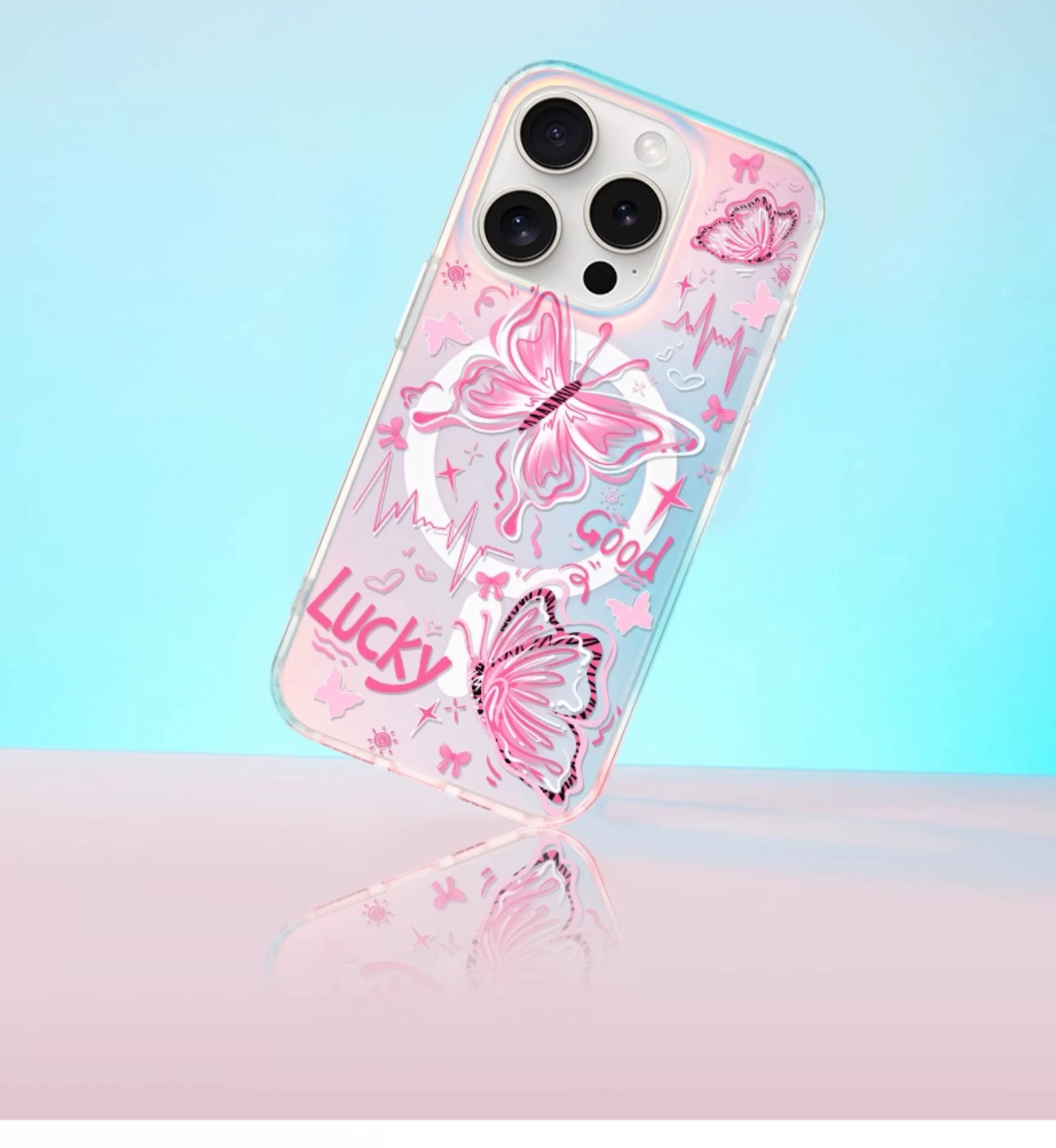 iCraftPro | Creative Butterfly Magnetic Case for iPhone 12-17 Pro Max, Unique Gradient Holographic Design with Lanyard
