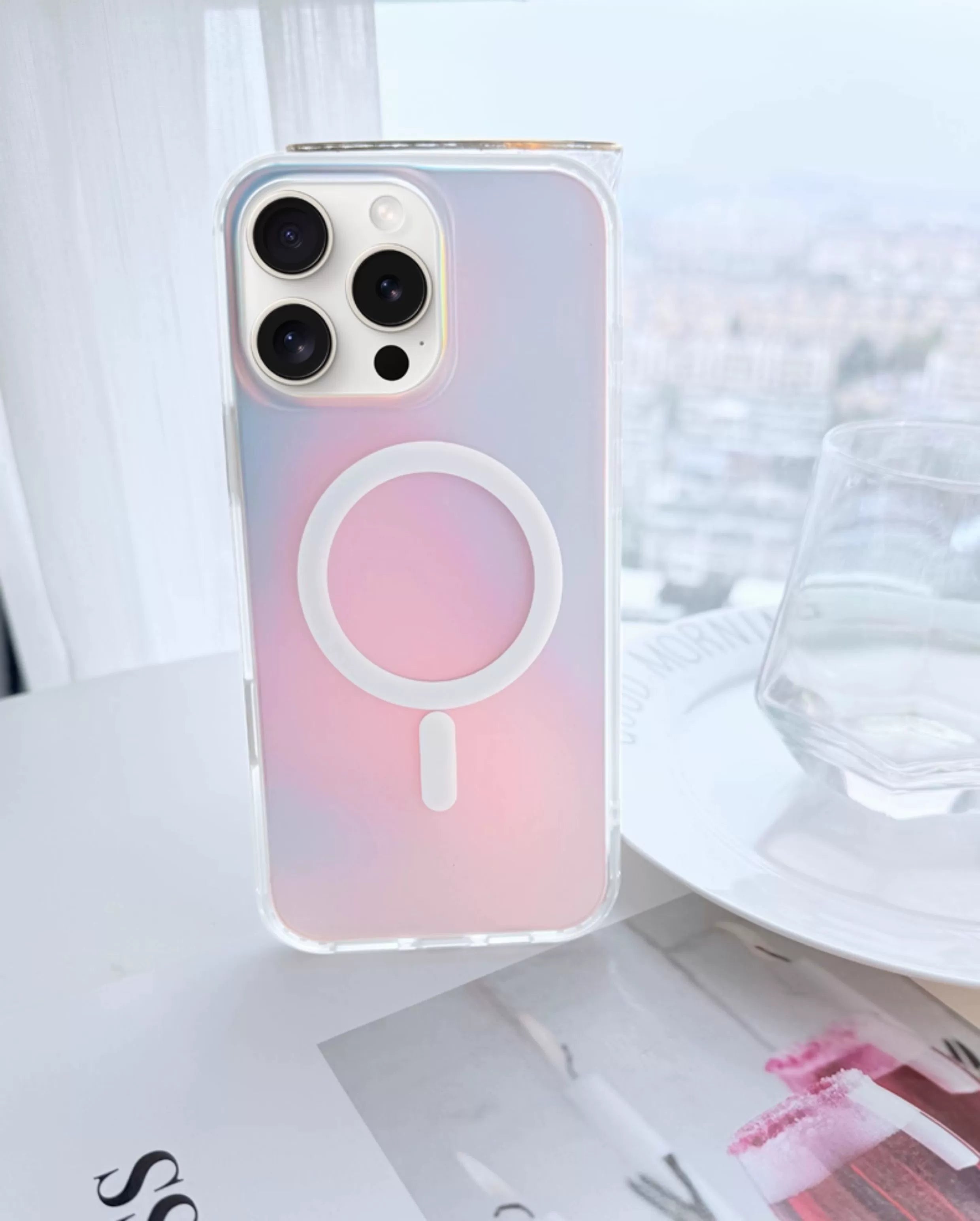 iCraftPro | Magnetic Laser Gradient Case with Lanyard for iPhone 17ProMax/16Pro/15/14/13/12, Frosted Pink Design