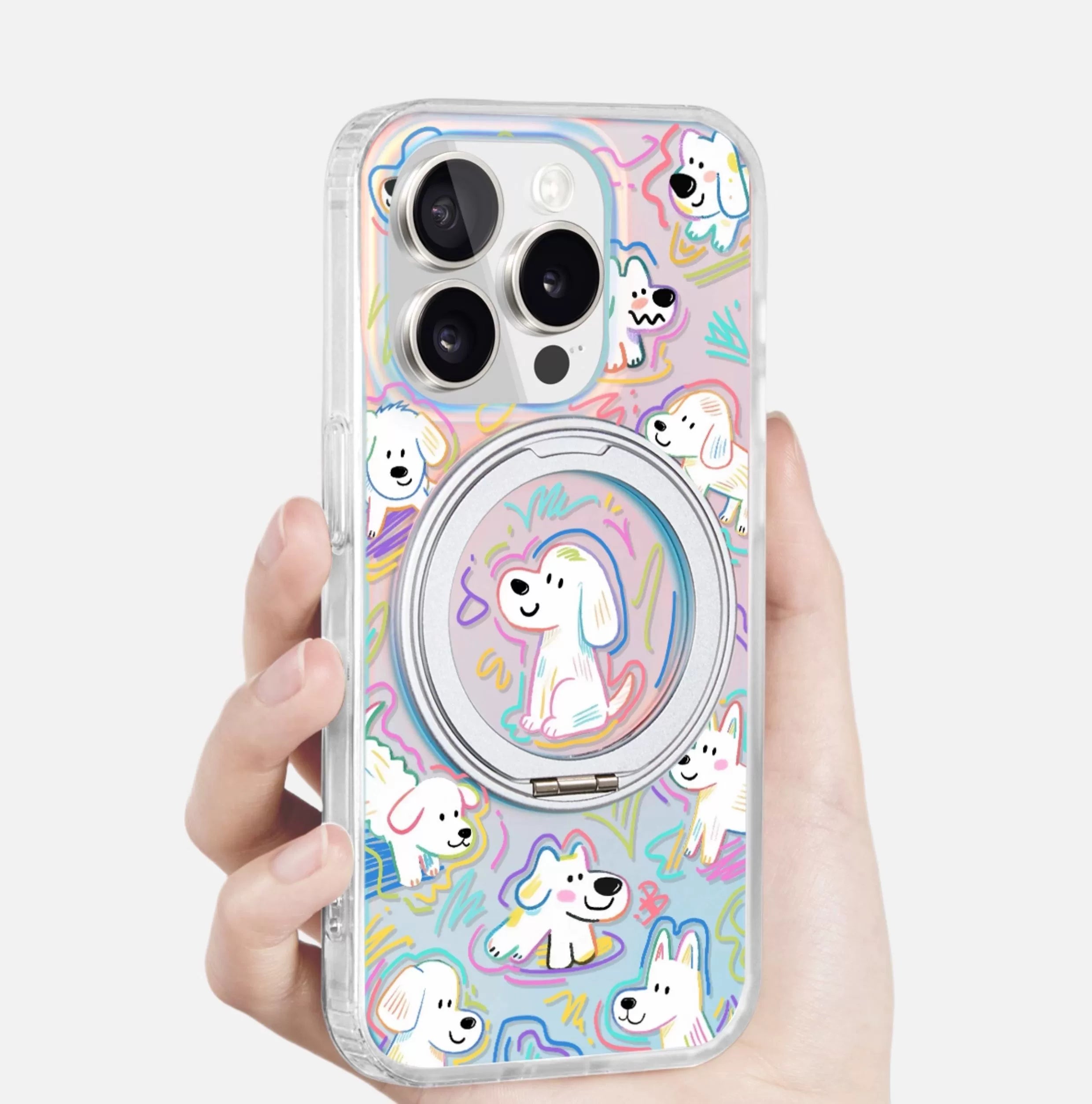 iCraftPro | Dopamine Cute Puppy Case with Built-in Stand for iPhone 12 to 17 Pro Max. Magnetic, Gradient Holographic.
