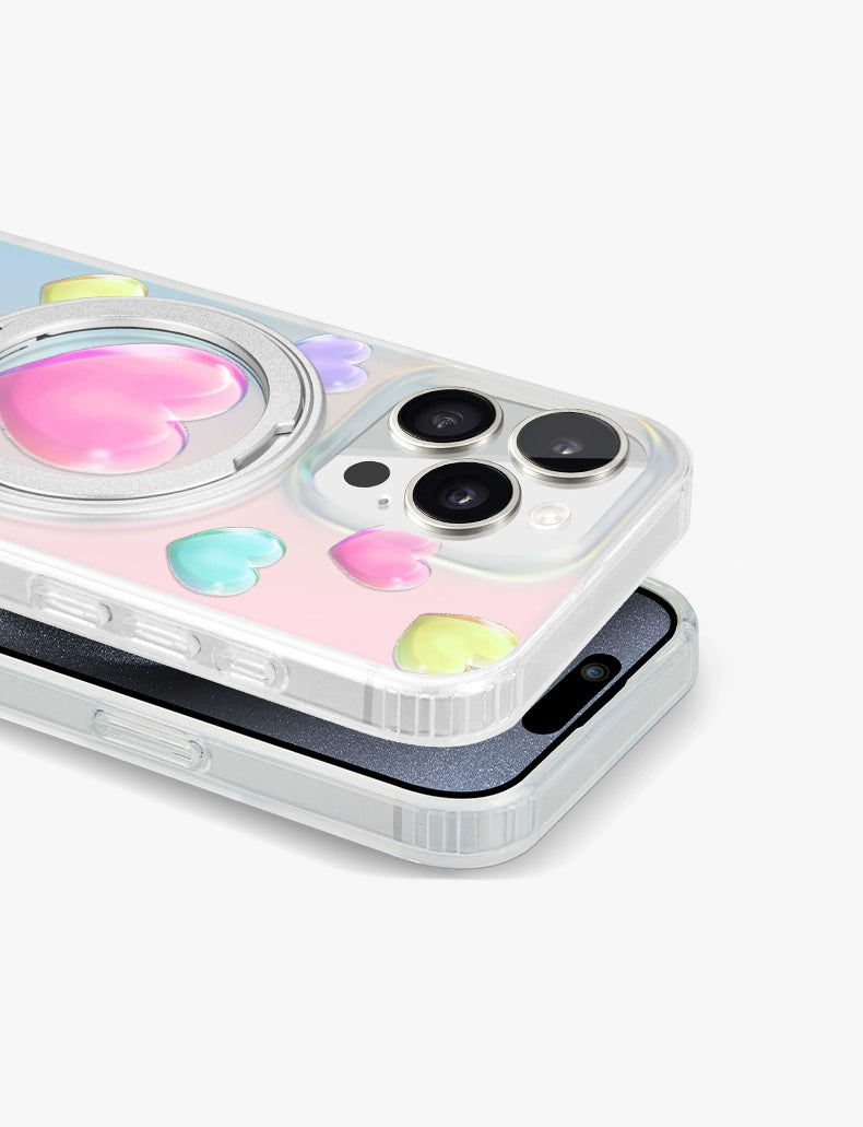 iCraftPro | Stylish Holographic Heart Case with Magnetic Stand for iPhone 13/14/15/16/17 Pro (Max)