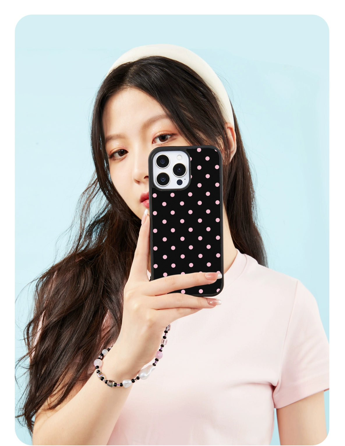 iCraftPro | Black & Pink Polka Dot Case for iPhone 16 Pro Max, Matte Magnetic, Korean Summer Style, Fits iPhone 15/14/13 Pro
