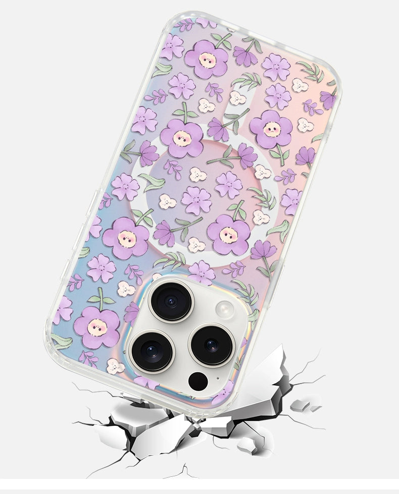 iCraftPro | Drop-Proof Magnetic Case for iPhone 12-17 Pro Max, with Creative Smiling Flower Design, Gradient Holographic Finish and Lanyard.