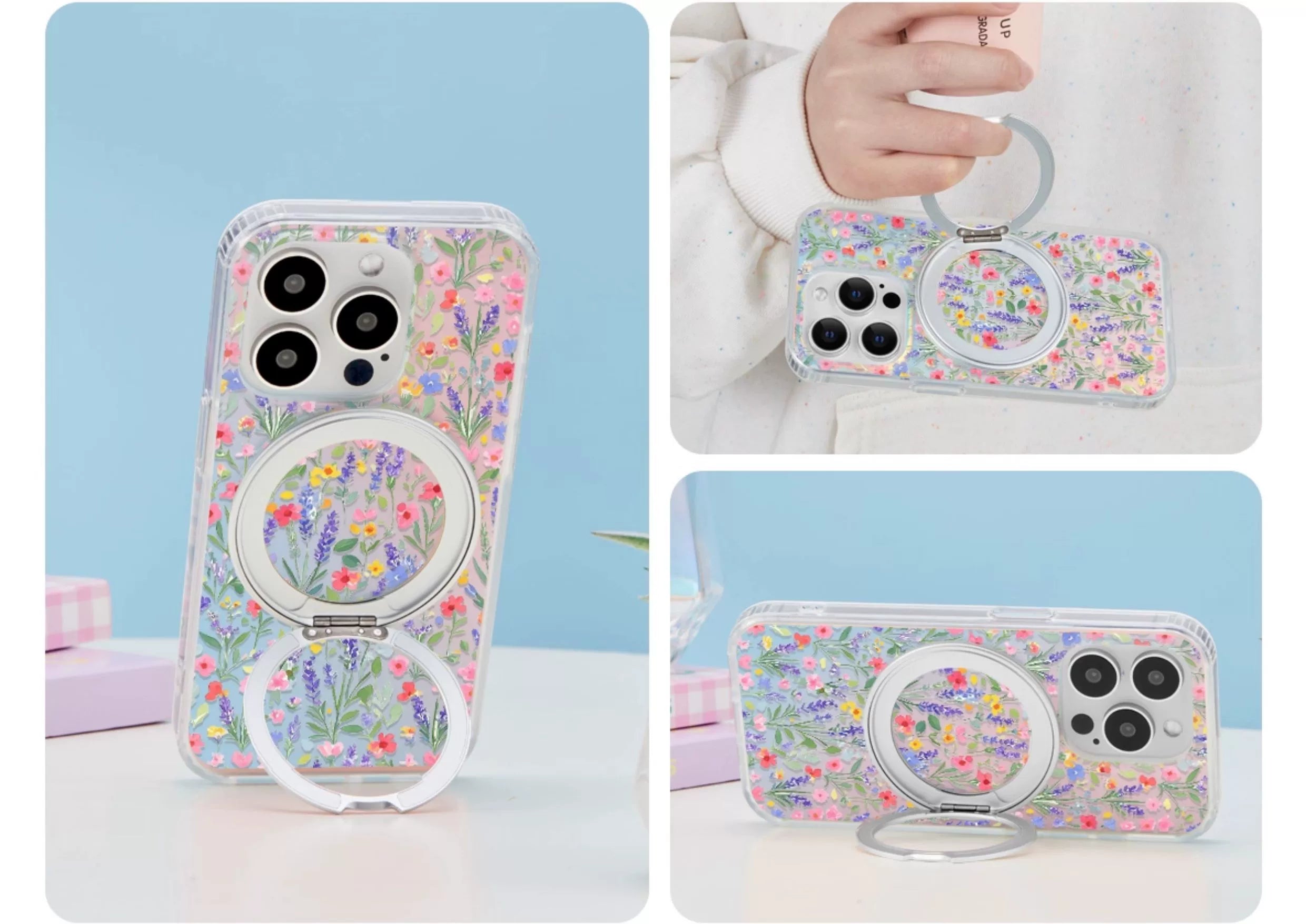 iCraftPro | Magnetic Case with Stand & Gradient Holographic Design for iPhone 12/13/14/15/16 Pro/17 Pro Max. Artsy Floral Pattern.