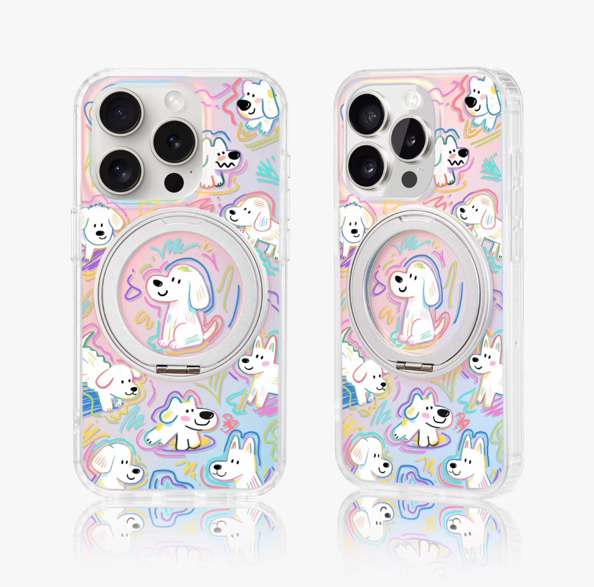 iCraftPro | Dopamine Cute Puppy Case with Built-in Stand for iPhone 12 to 17 Pro Max. Magnetic, Gradient Holographic.