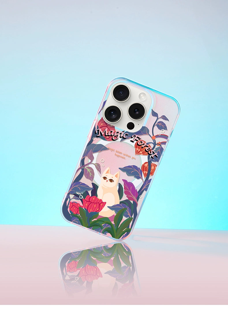 iCraftPro | Summer Floral and Forest Cat Case for iPhone 12-17 Pro Max - Unique Magnetic Holographic Cover