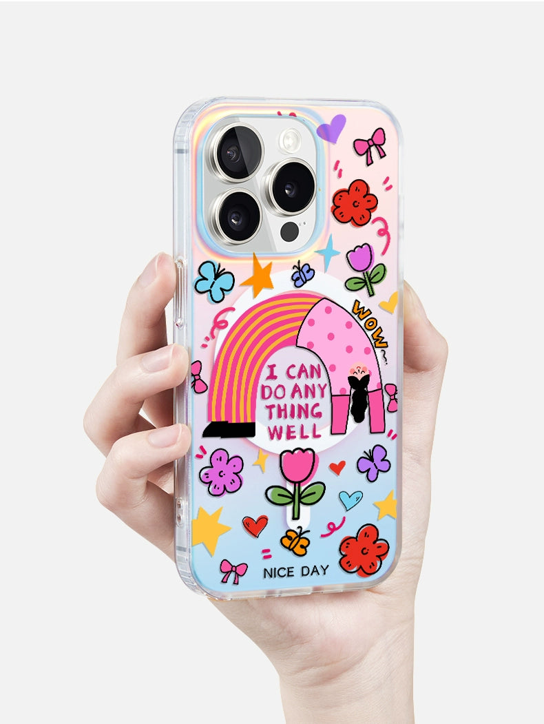 iCraftPro | Magnetic Holographic Case with Lanyard for iPhone 12/13/14/15/16 Pro/17 Pro Max. Creative Cartoon Girl Design.