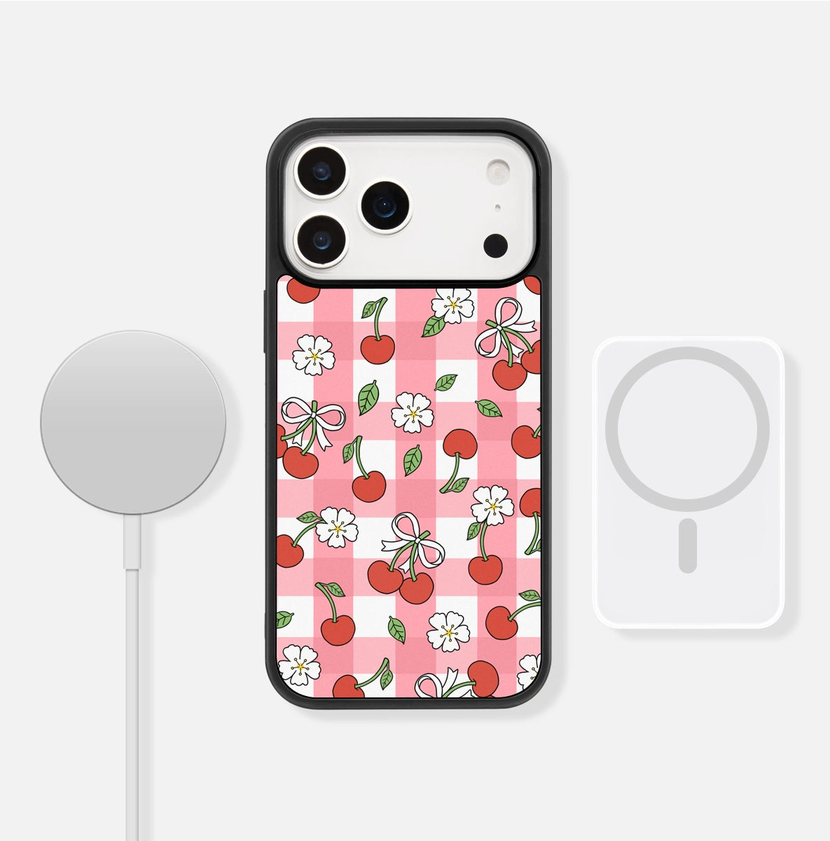 iCraftPro | Matte Magnetic Case with Plaid Cherry Design for iPhone 12/13/14/15/16 Pro/17 Pro Max. Unique & Chic.