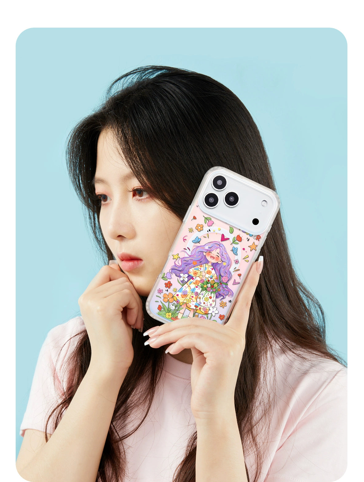 iCraftPro | Magnetic Gradient Holographic Case with Lanyard for iPhone 17 Pro Max - Unique Cartoon Girl Design